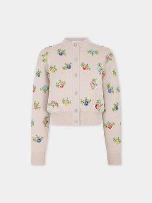 Beige wool cardigan with multicolour floral embroidery - S