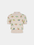 Top en laine beige avec broderie florale multicolore