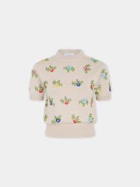 Beige wool top with multicolour floral embroidery