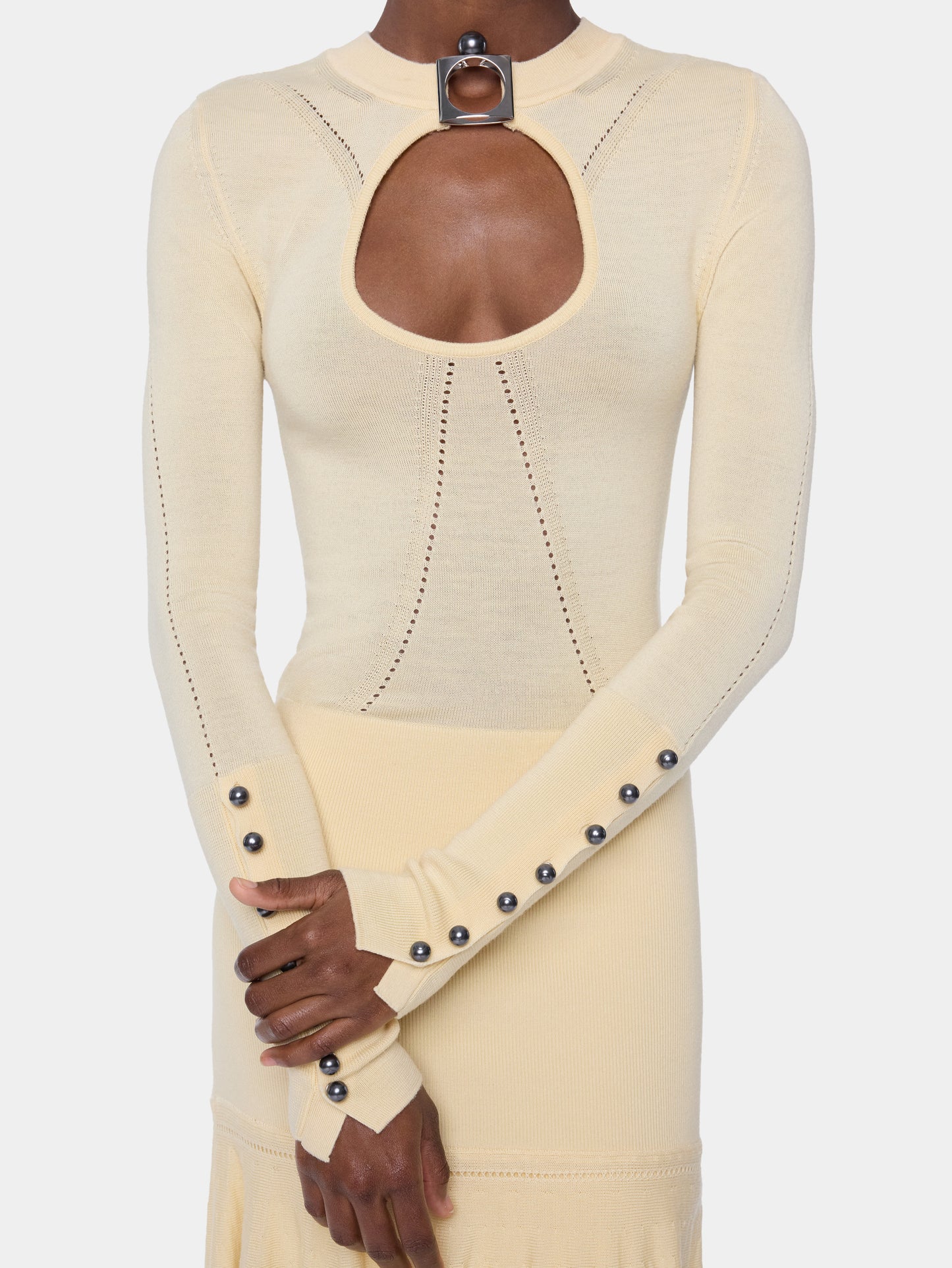 Robe longue en maille jaune clair Dinh Van x Rabanne avec bijoux signature
