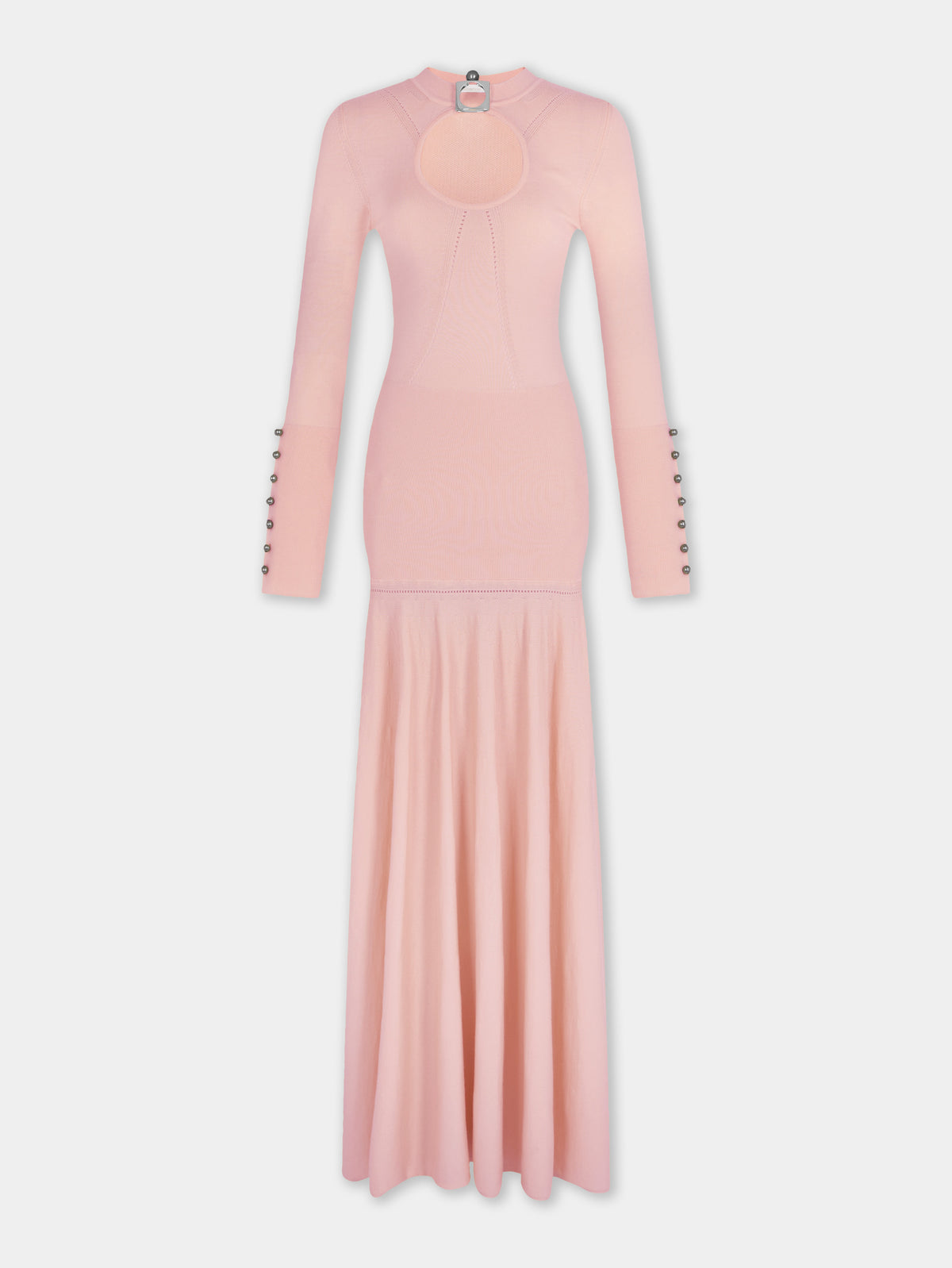 Robe longue en maille rose clair Dinh Van x Rabanne avec bijoux signature