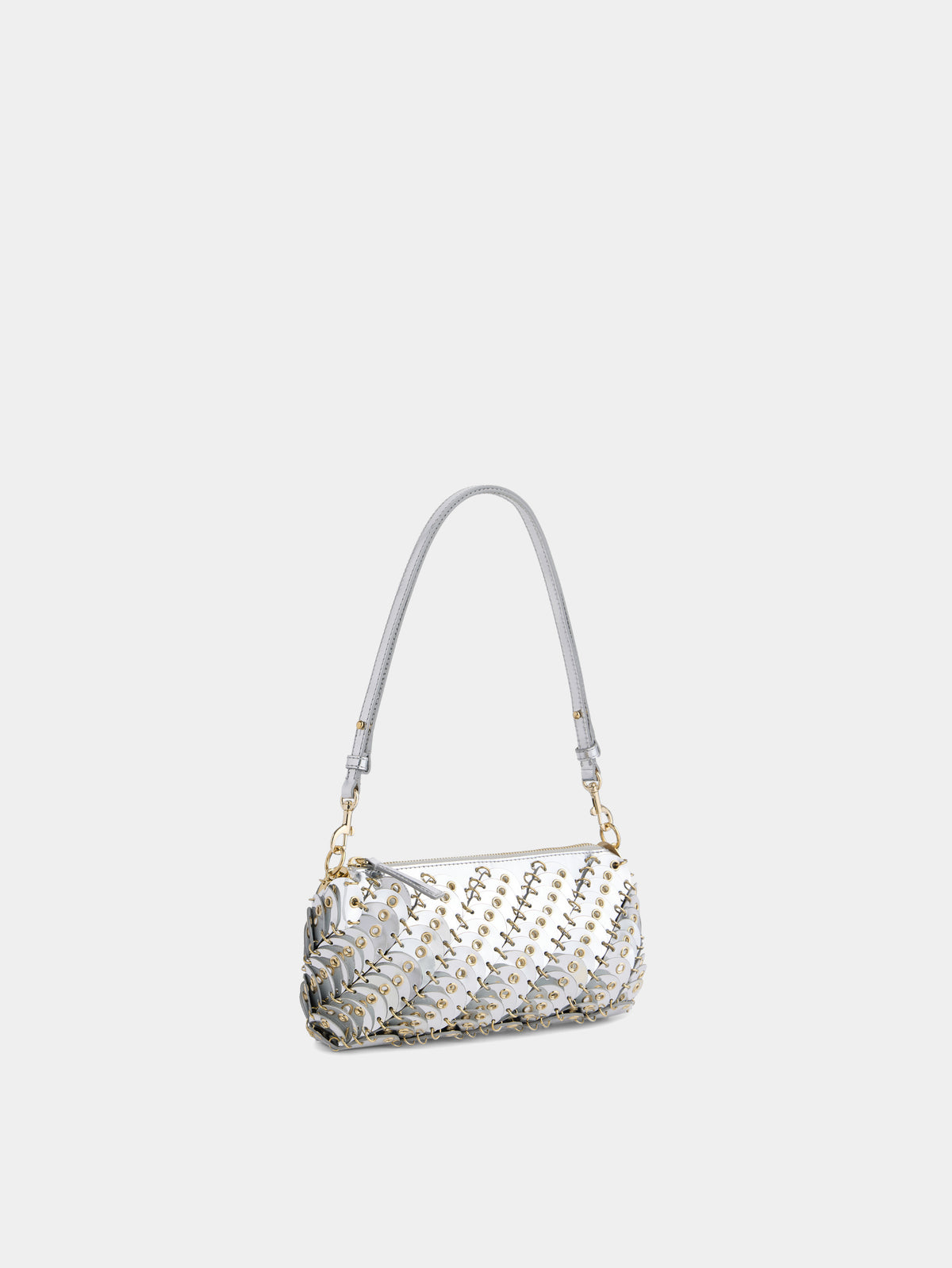 Petit sac Baguette en cuir argenté avec œillets ton sur ton