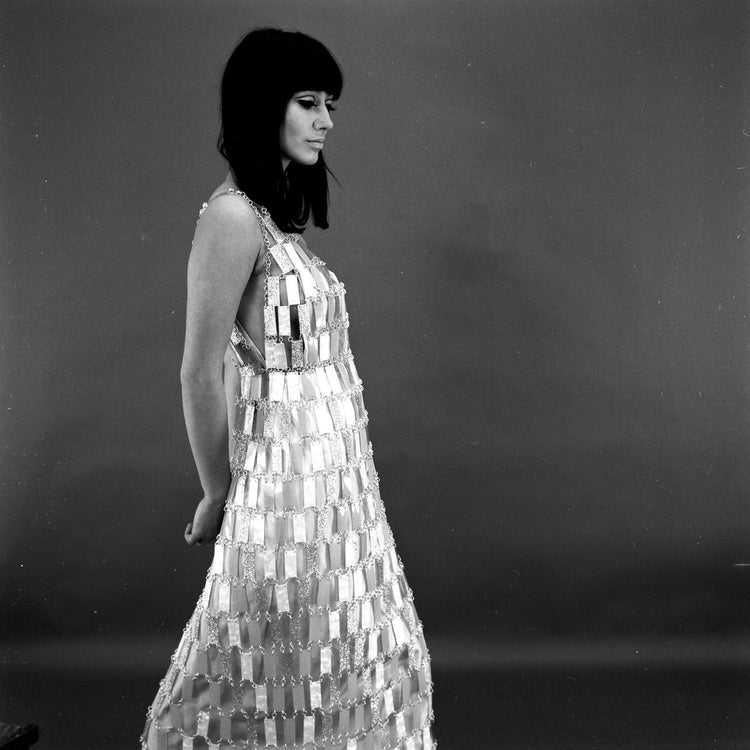 paco rabanne dress Silver Sequin Ruffle Party Offering a flattering square neckline with thin shoulder straps Rabanne Inspired 60s Dress DIY