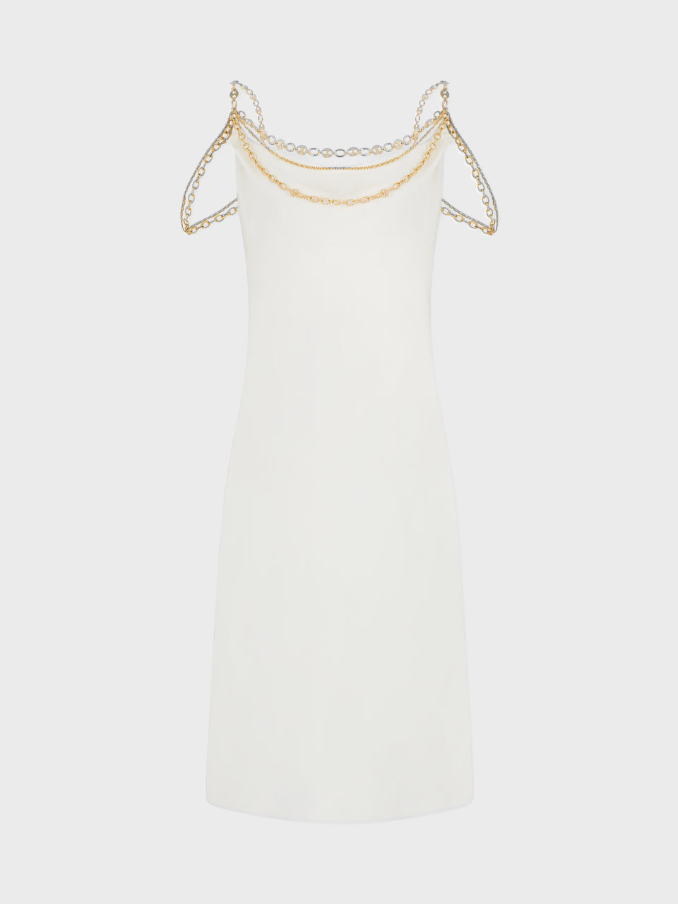 Light pleated white dress embellished with  "eight" signature chain