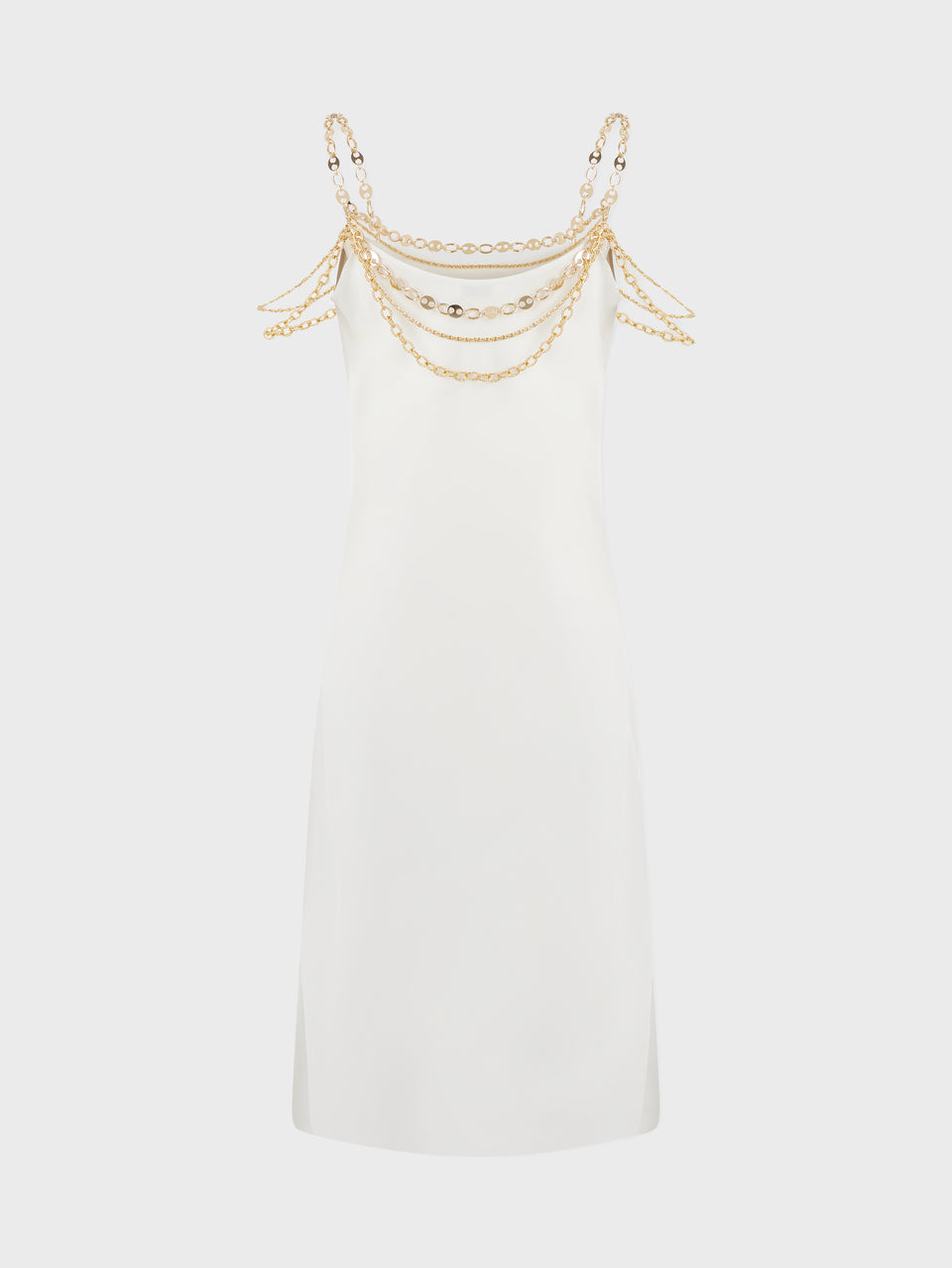 Light pleated white dress embellished with  "eight" signature chain