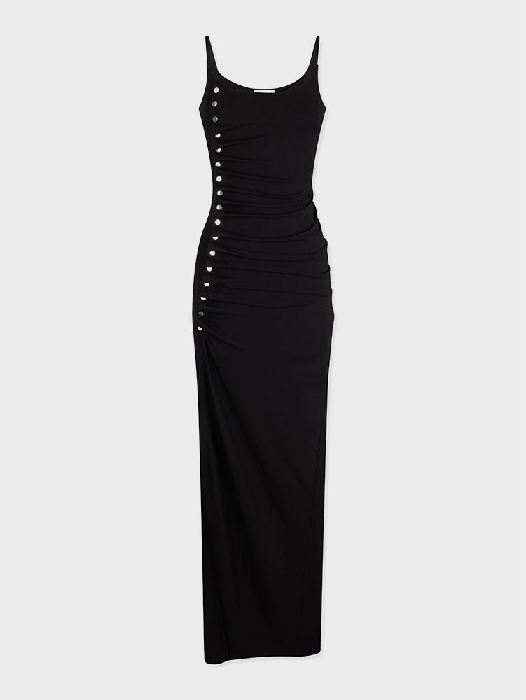 Sleeveless black drapé pression dress
