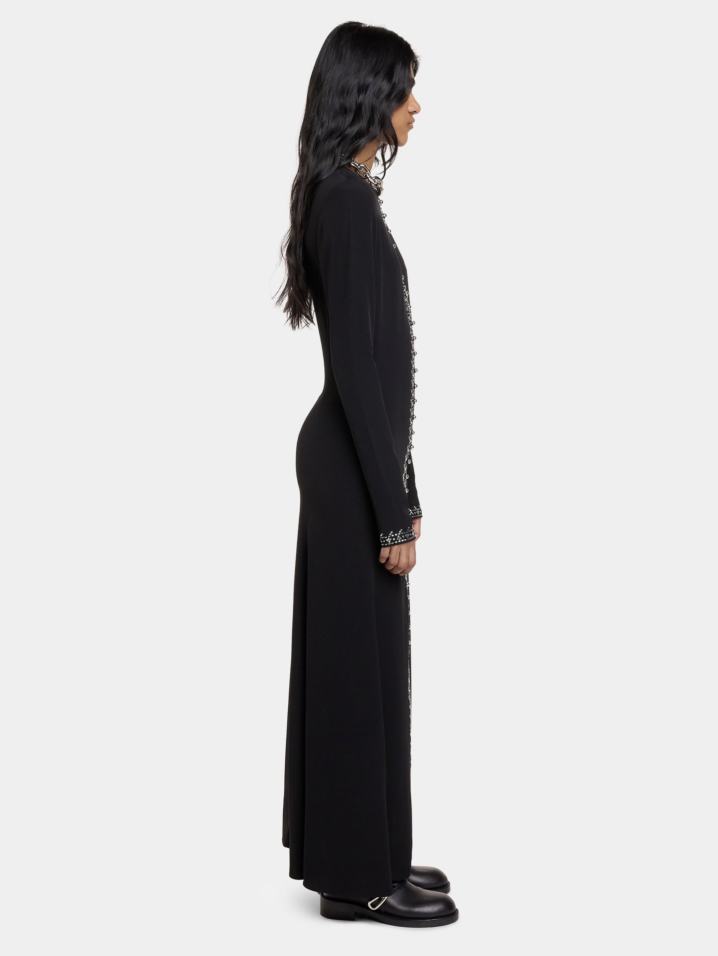 EMBELLISHED LONG DRESS IN SATIN CREPE