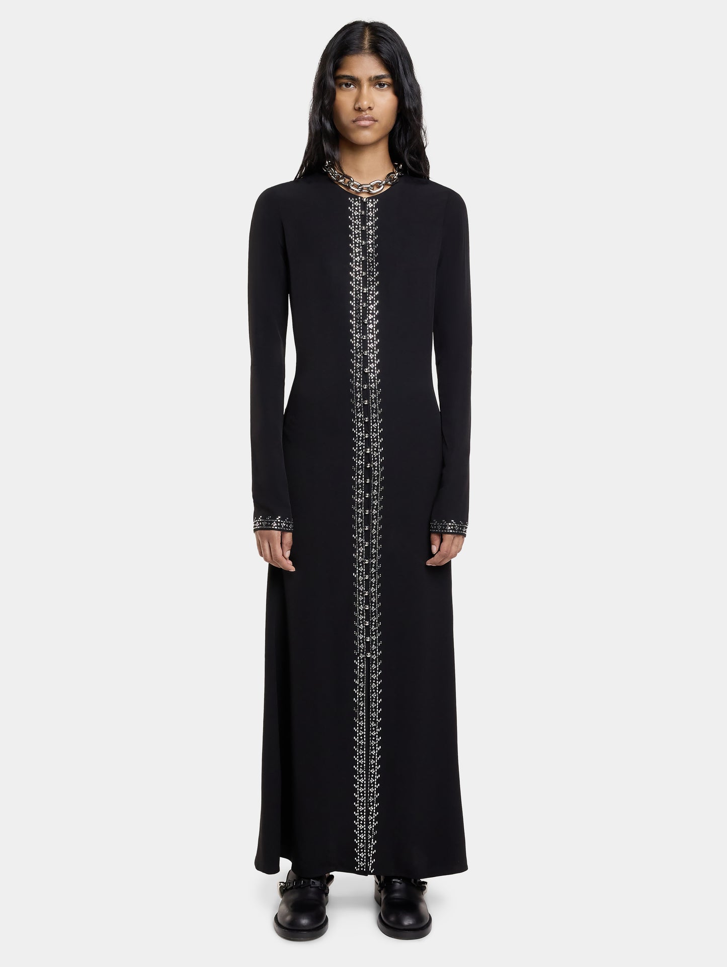 EMBELLISHED LONG DRESS IN SATIN CREPE