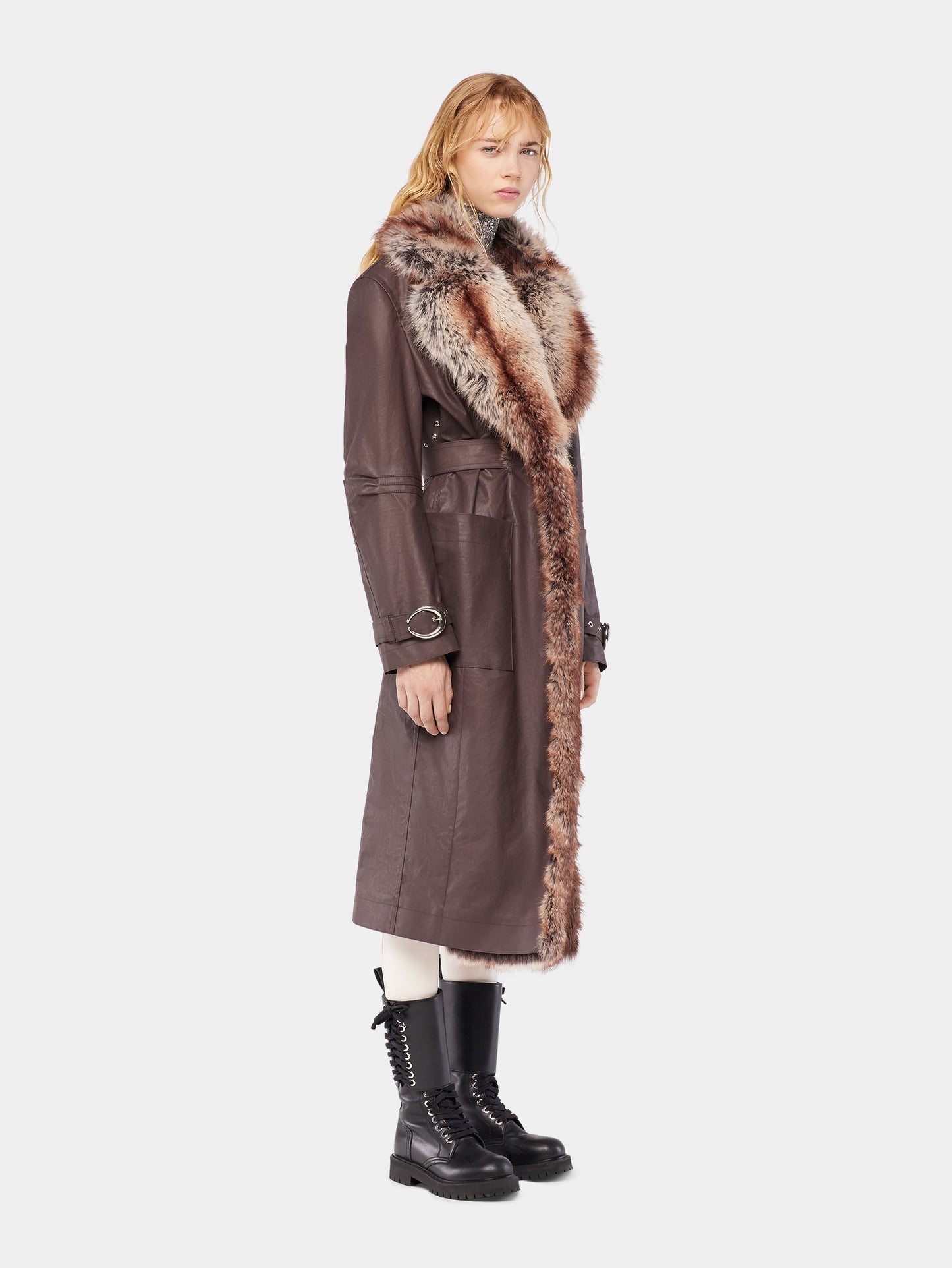 Trench coat with fake fur trims