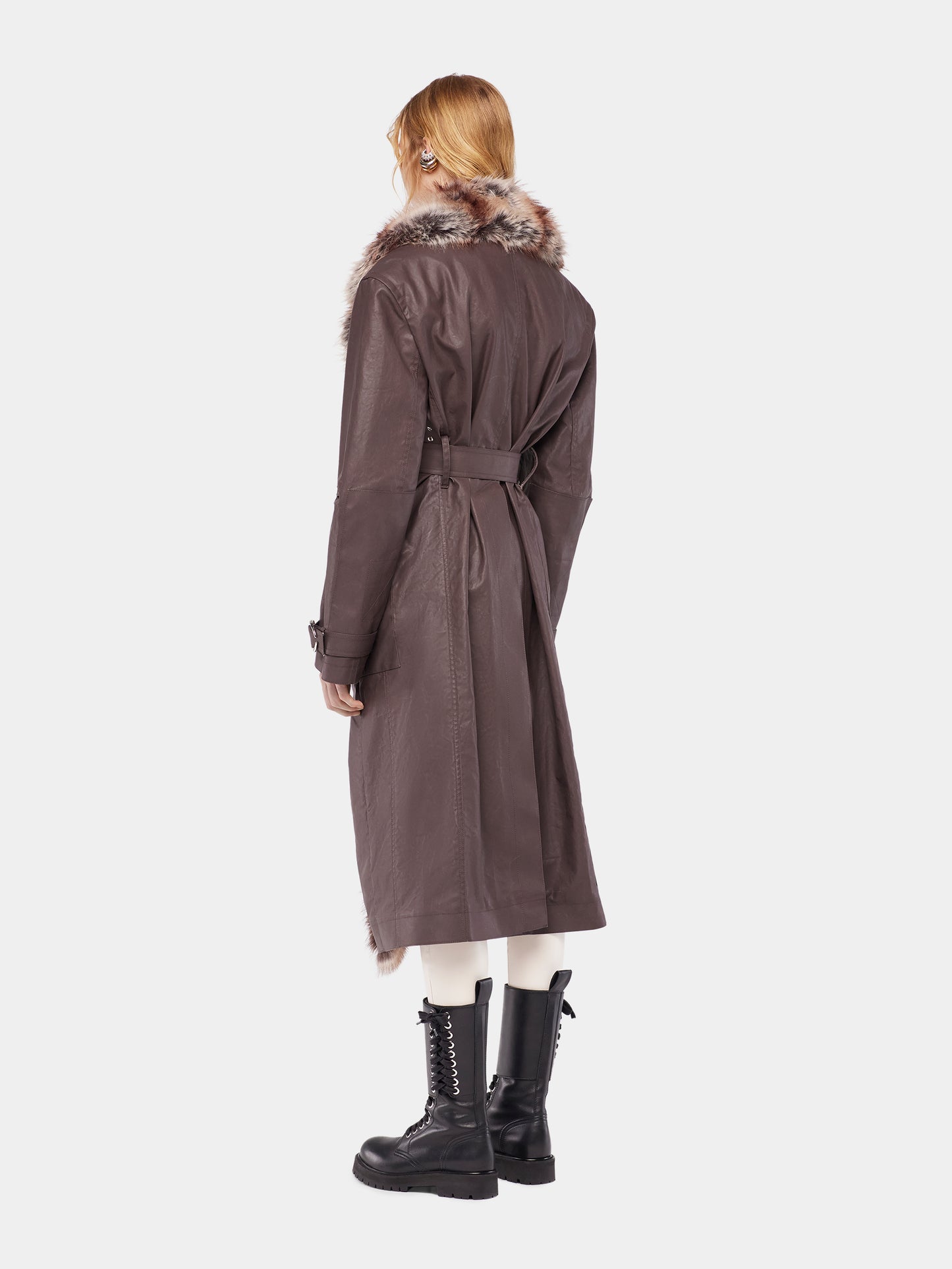 Trench coat with fake fur trims