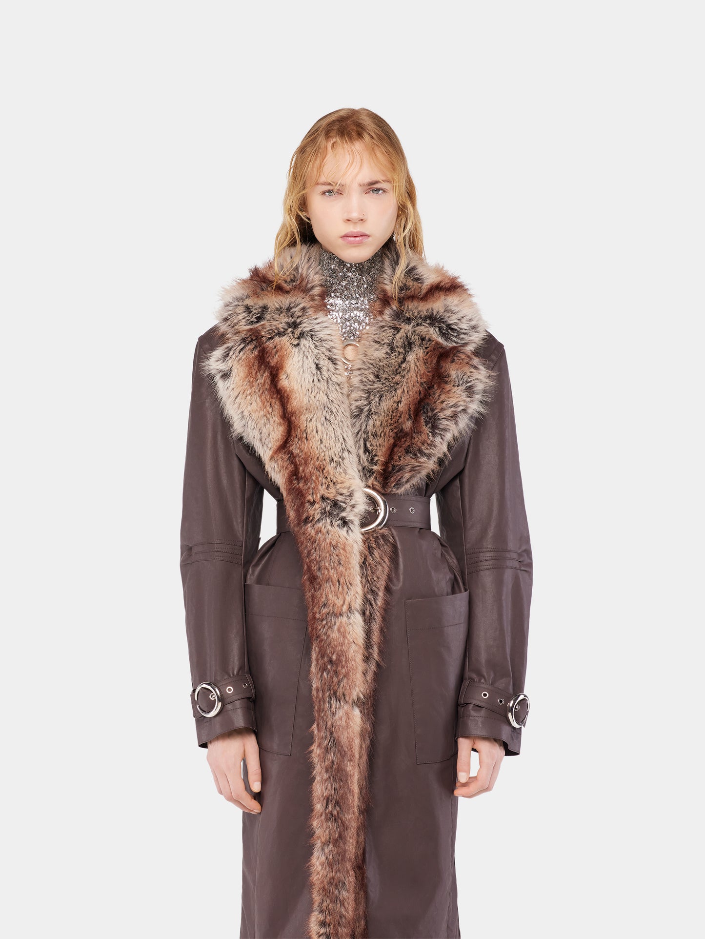 Trench coat with fake fur trims