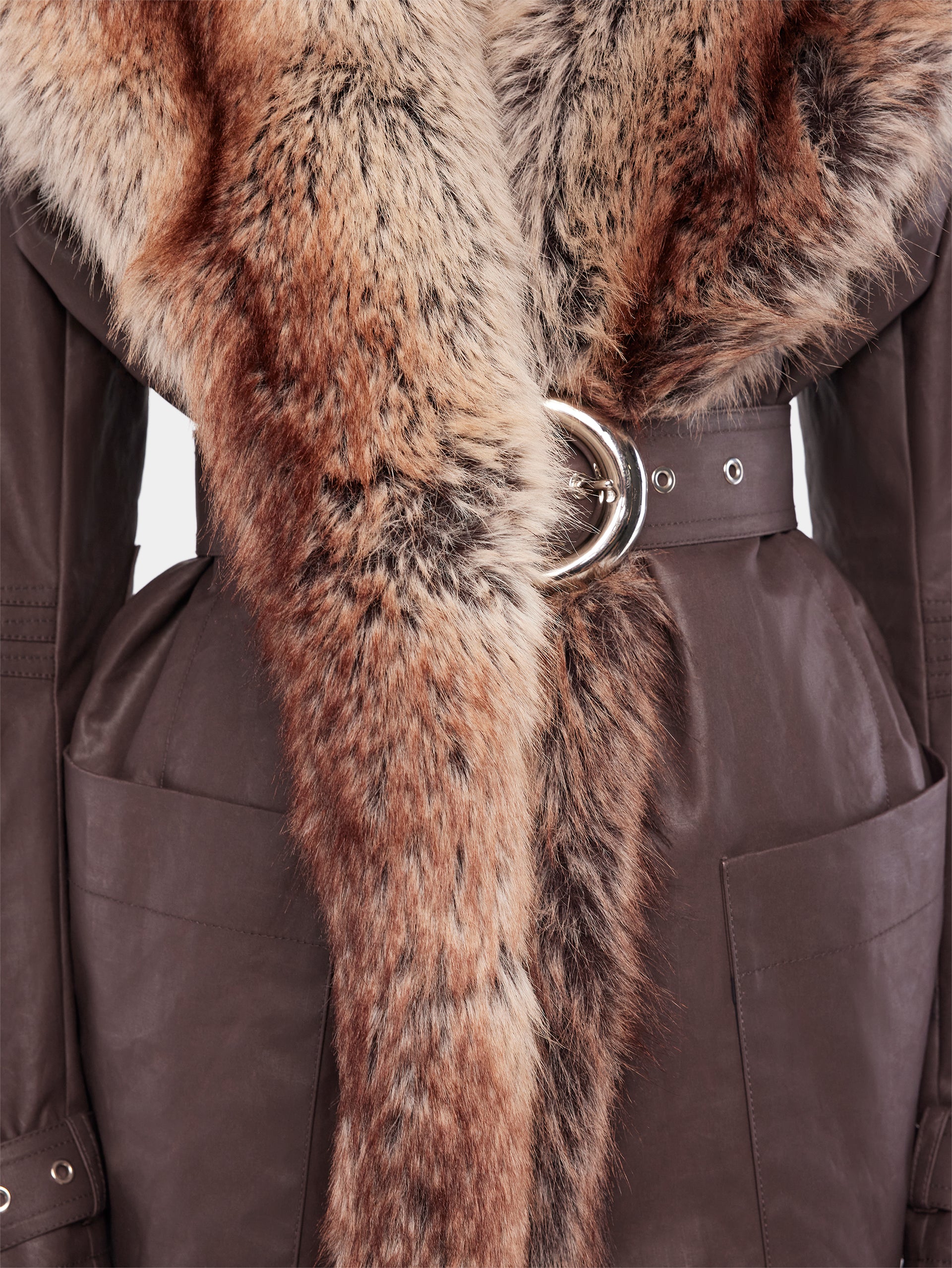 Trench coat with fake fur trims