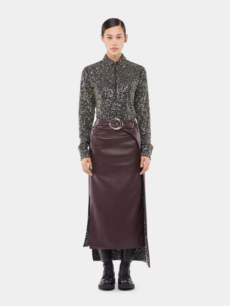 Double layer midi skirt in fake leather position 2 - Image 2