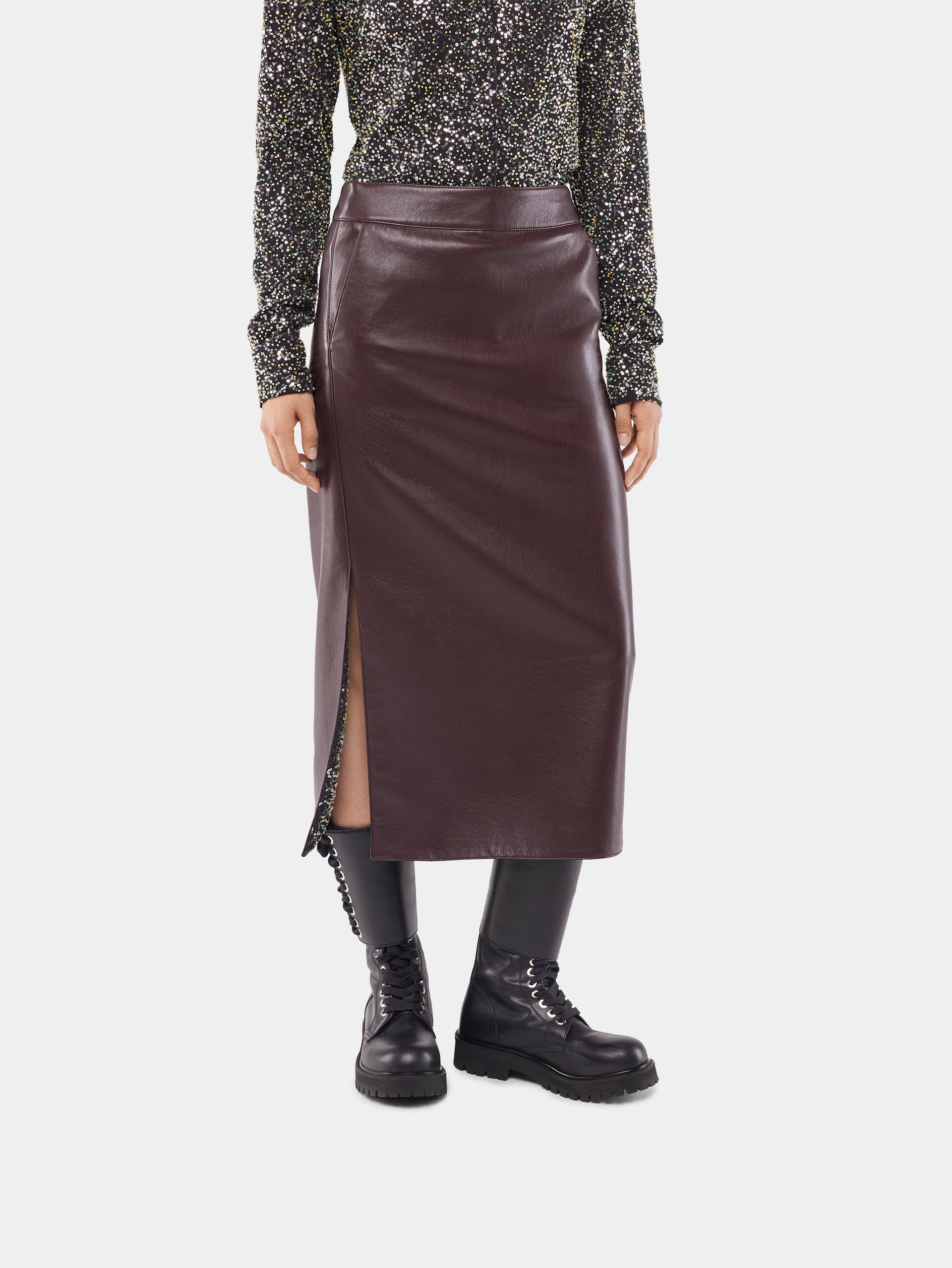 Double layer midi skirt in fake leather