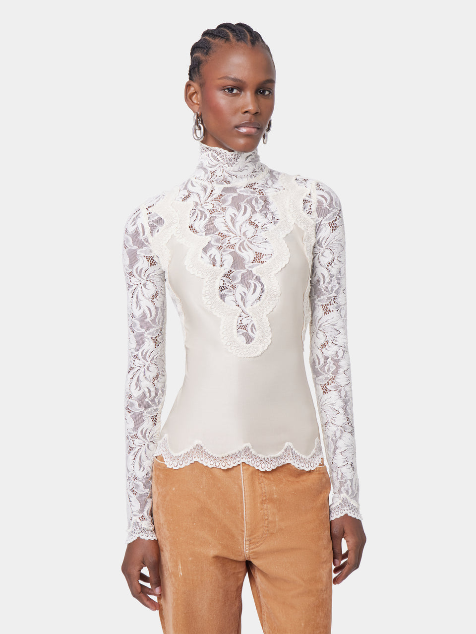 IVORY LONG SLEEVE TOP IN LACE AND JERSEY