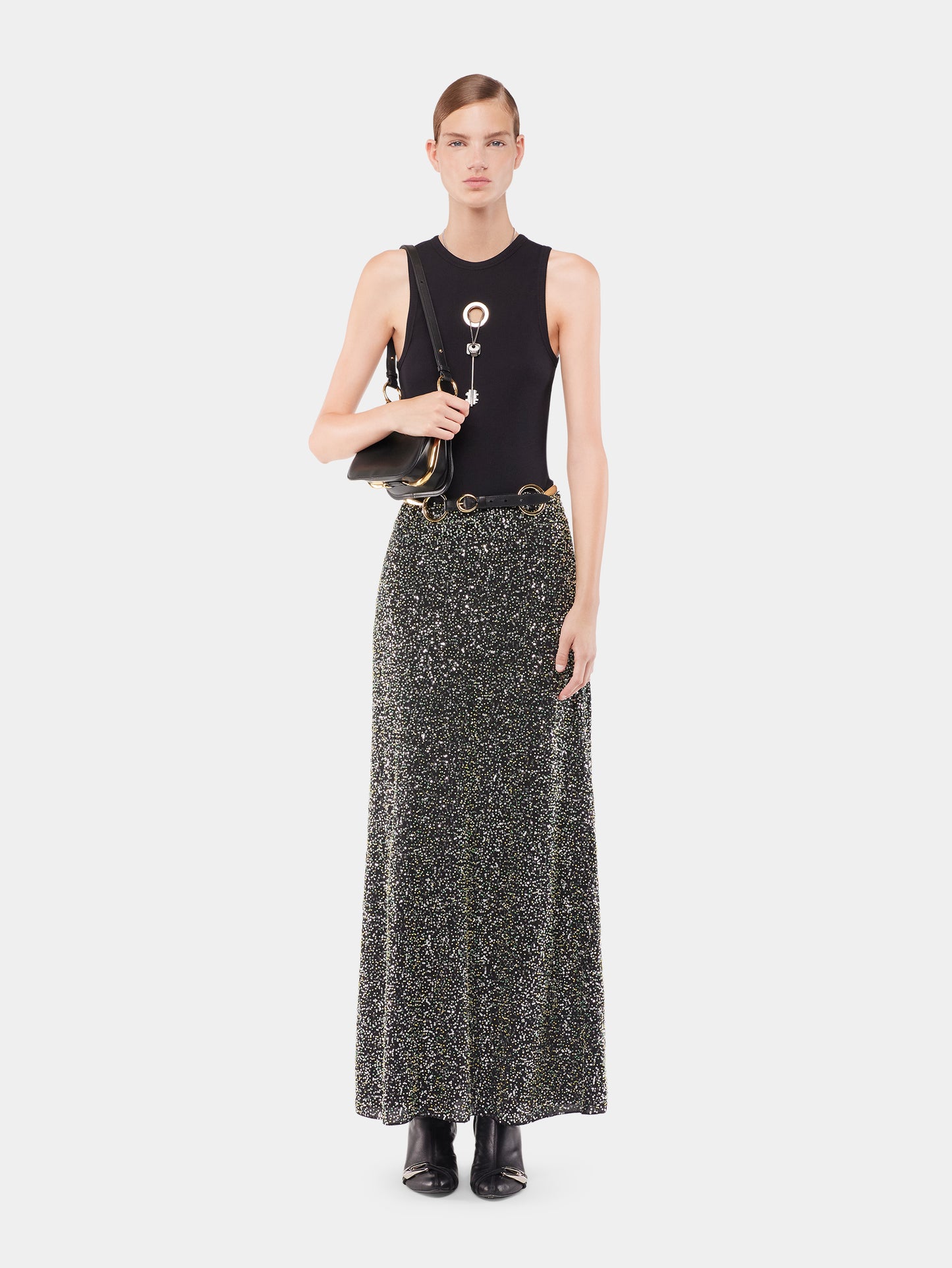Long skirt in crepe with sequin embroidery details