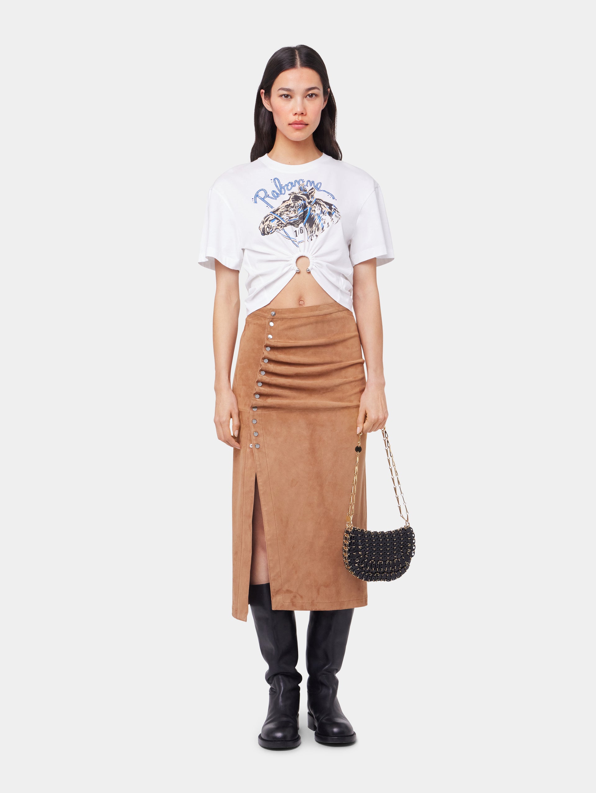 CARAMEL LONG DRAPED SKIRT IN LEATHER