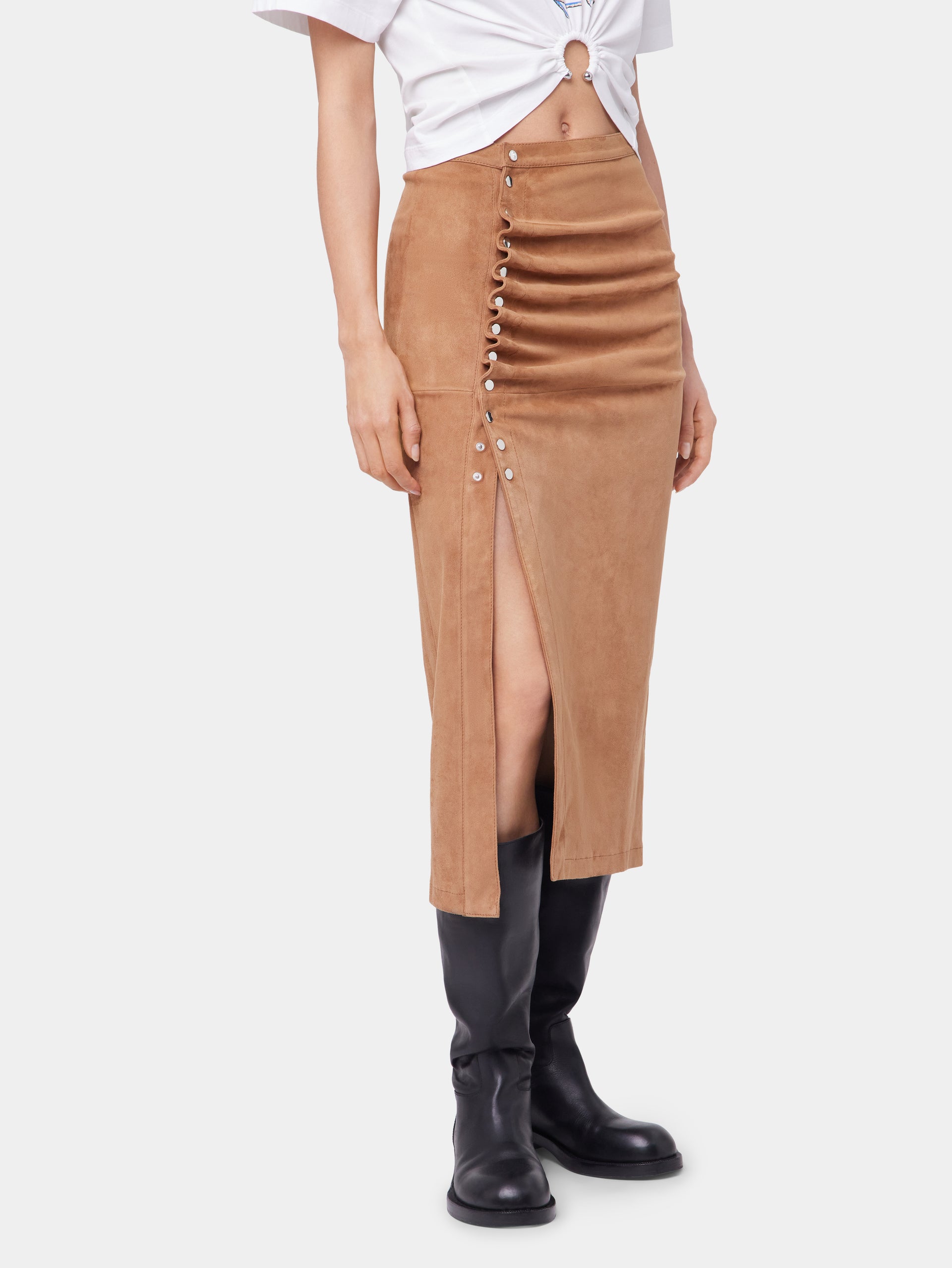 CARAMEL LONG DRAPED SKIRT IN LEATHER