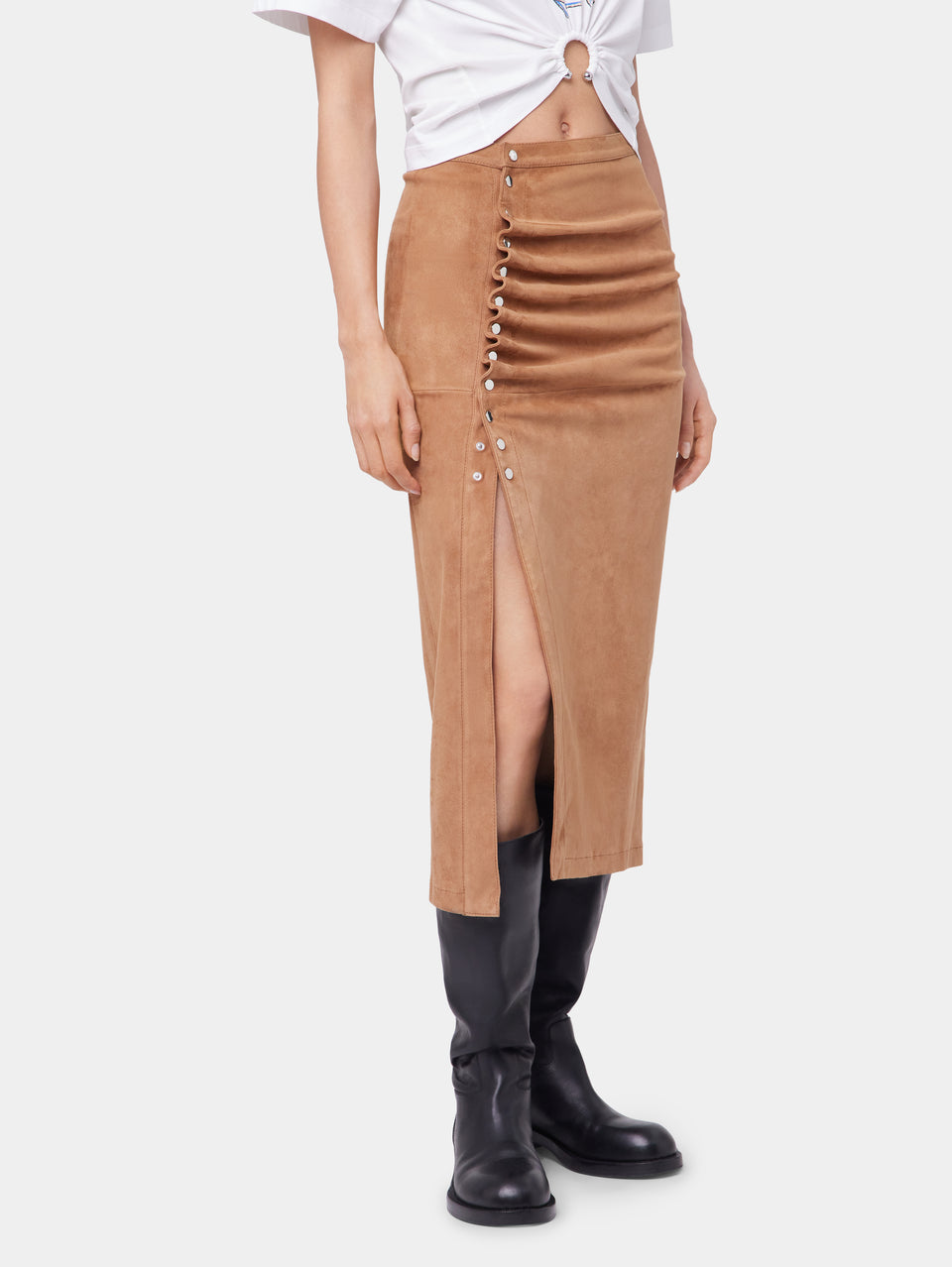 CARAMEL LONG DRAPED SKIRT IN LEATHER