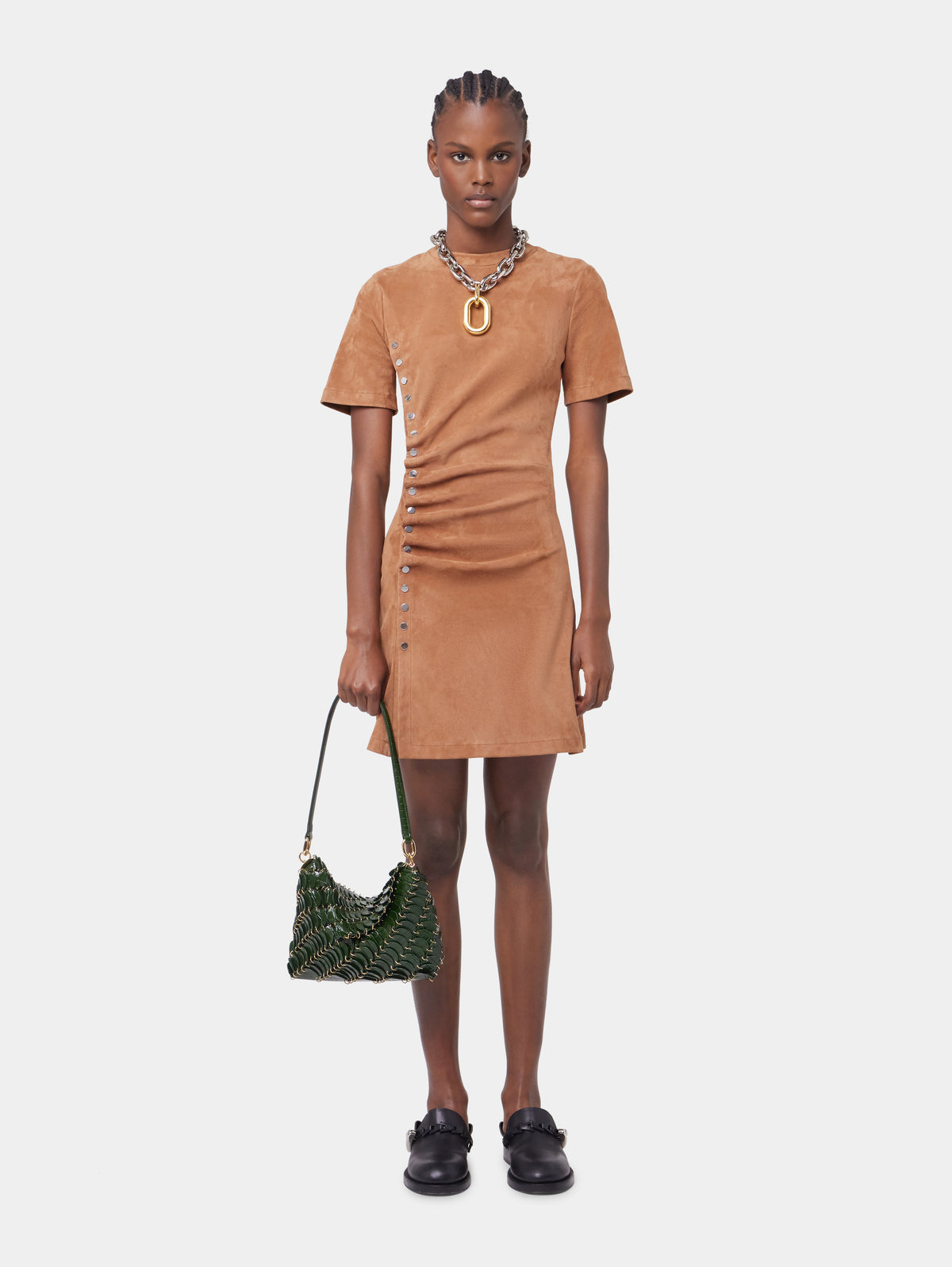 CAMEL SHORT DRAPED DRESS IN LEATHER position 2