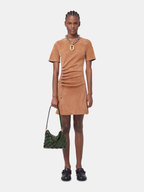 CARAMEL SHORT CAMEL DRAPED DRESS IN LEATHER