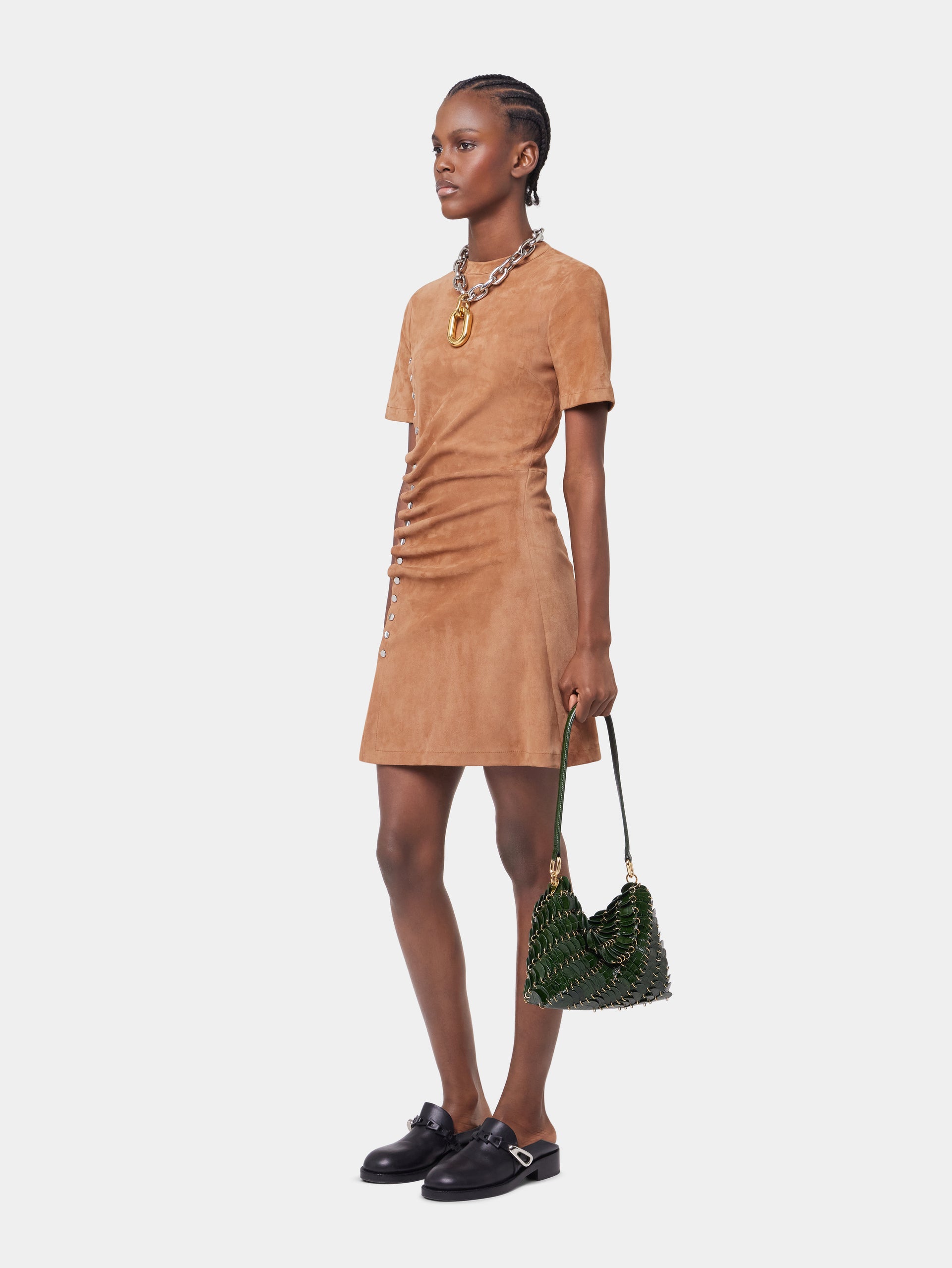 CARAMEL SHORT CAMEL DRAPED DRESS IN LEATHER