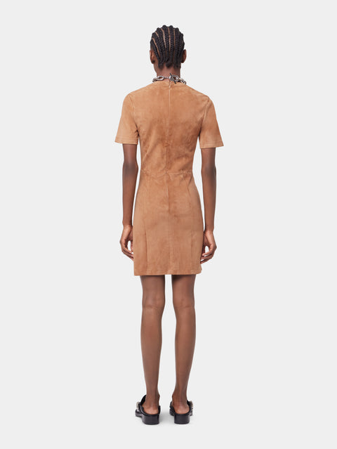 CARAMEL SHORT CAMEL DRAPED DRESS IN LEATHER