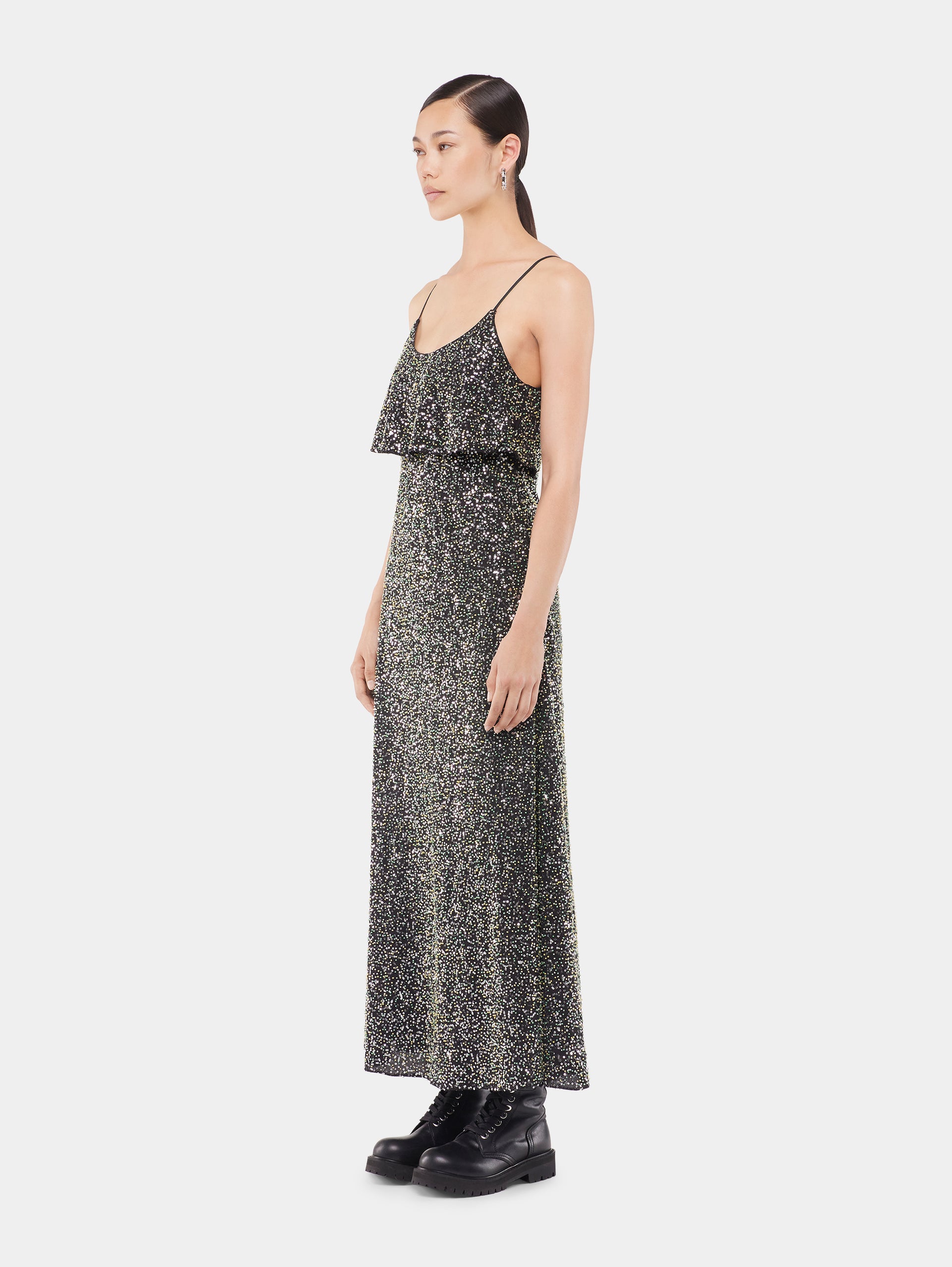 Midi dress in crepe with sequin embroidery details