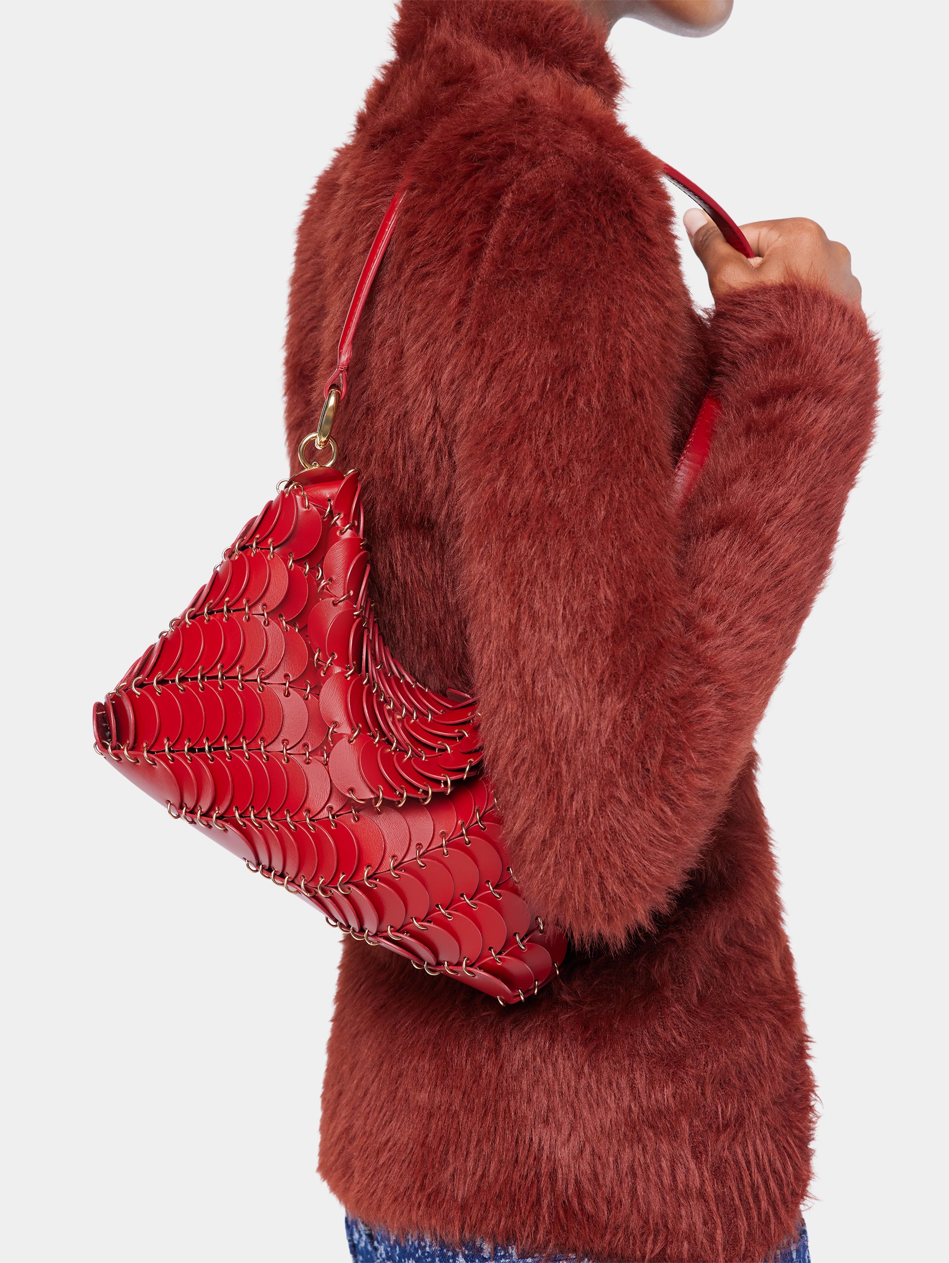 Red Paco shoulder clutch in calfskin leather