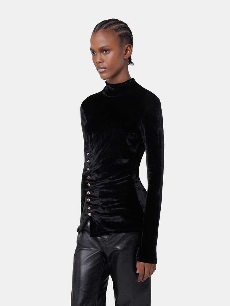 BLACK LONG-SLEEVED DRAPE TOP IN VELVET