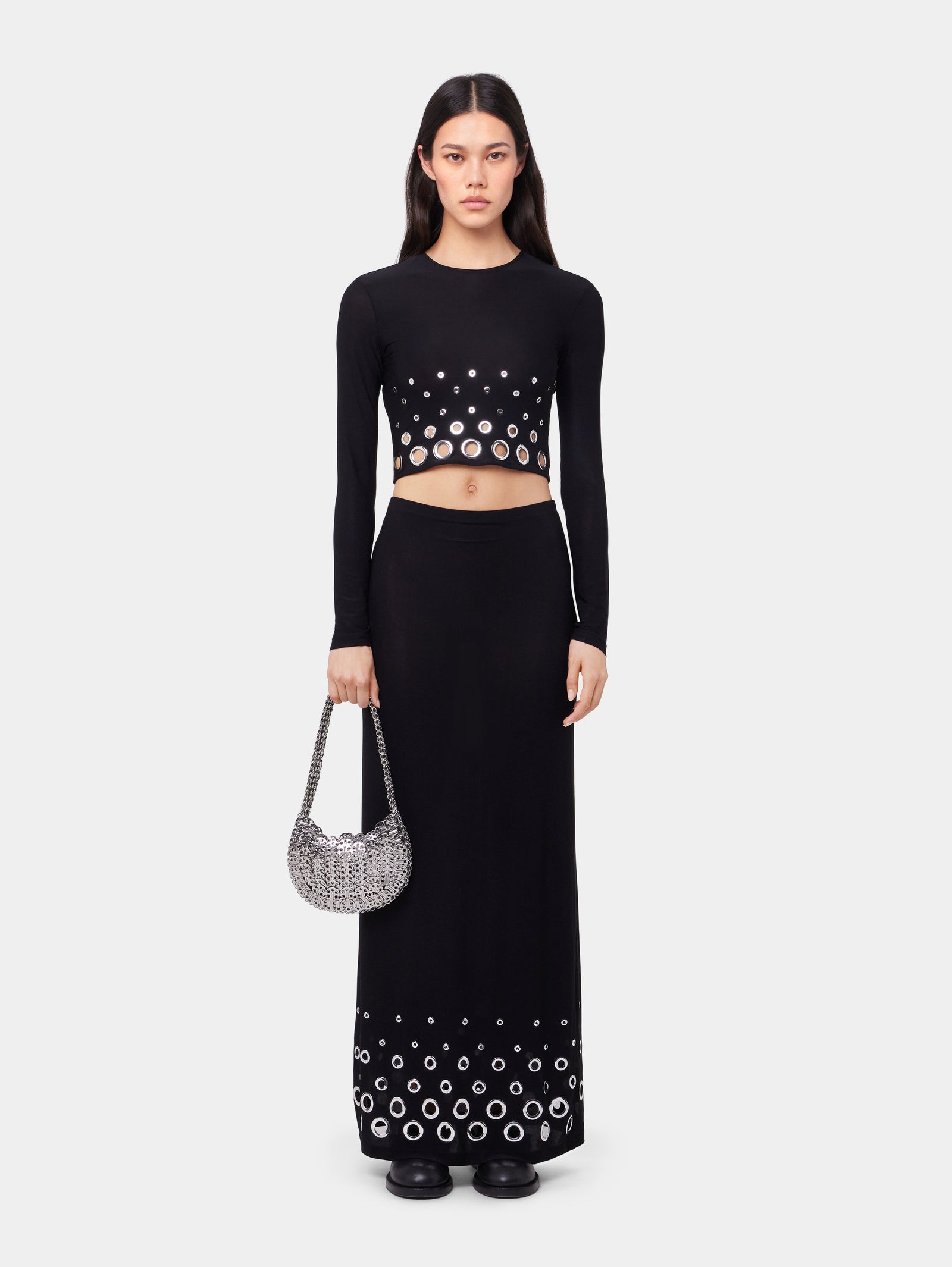 BLACK LONG SLEEVED CROP TOP IN JERSEY SECOND SKIN position 2 - Image 2