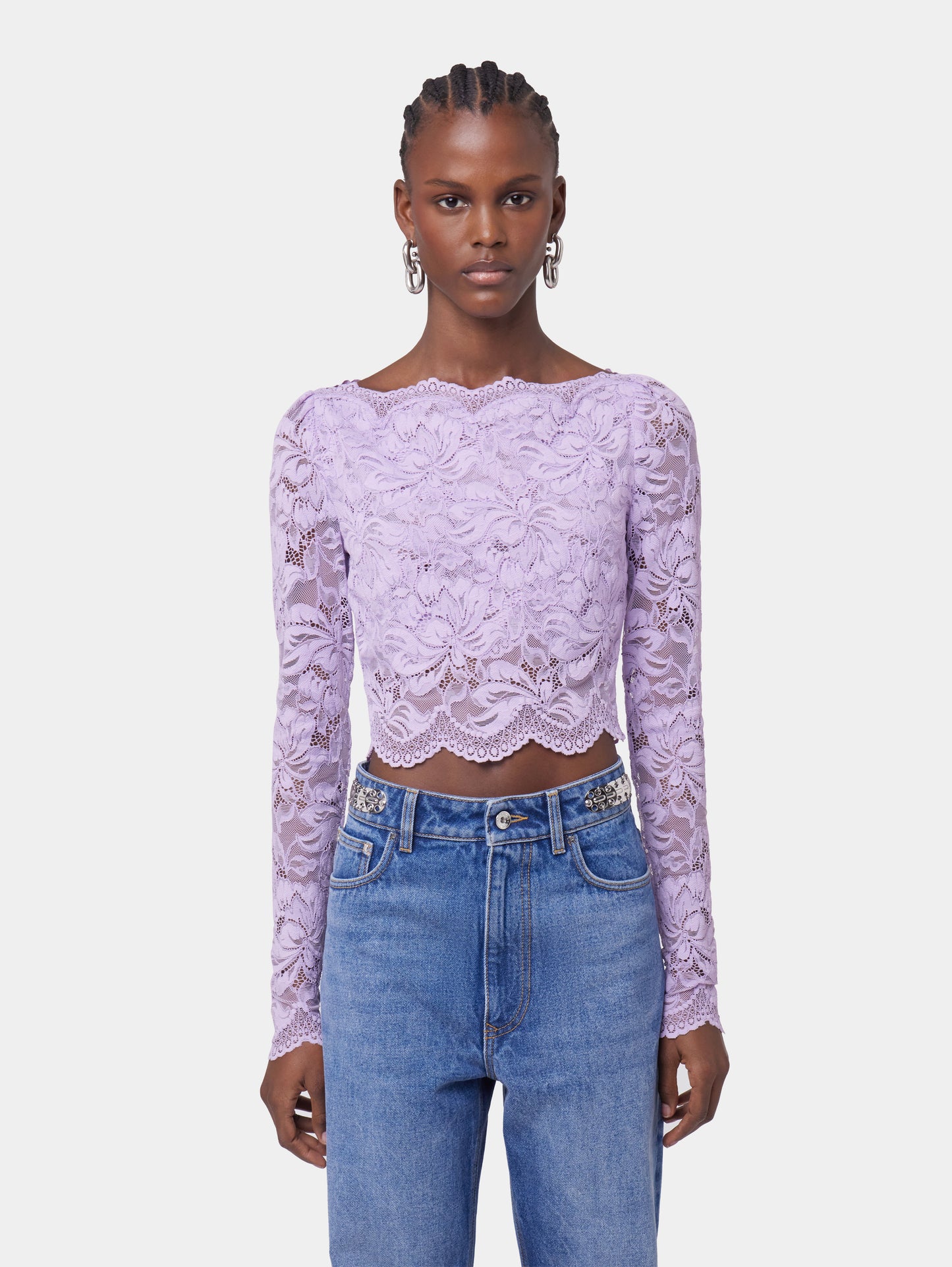 LAVENDER LONG-SLEEVED CROP TOP IN LACE position 2