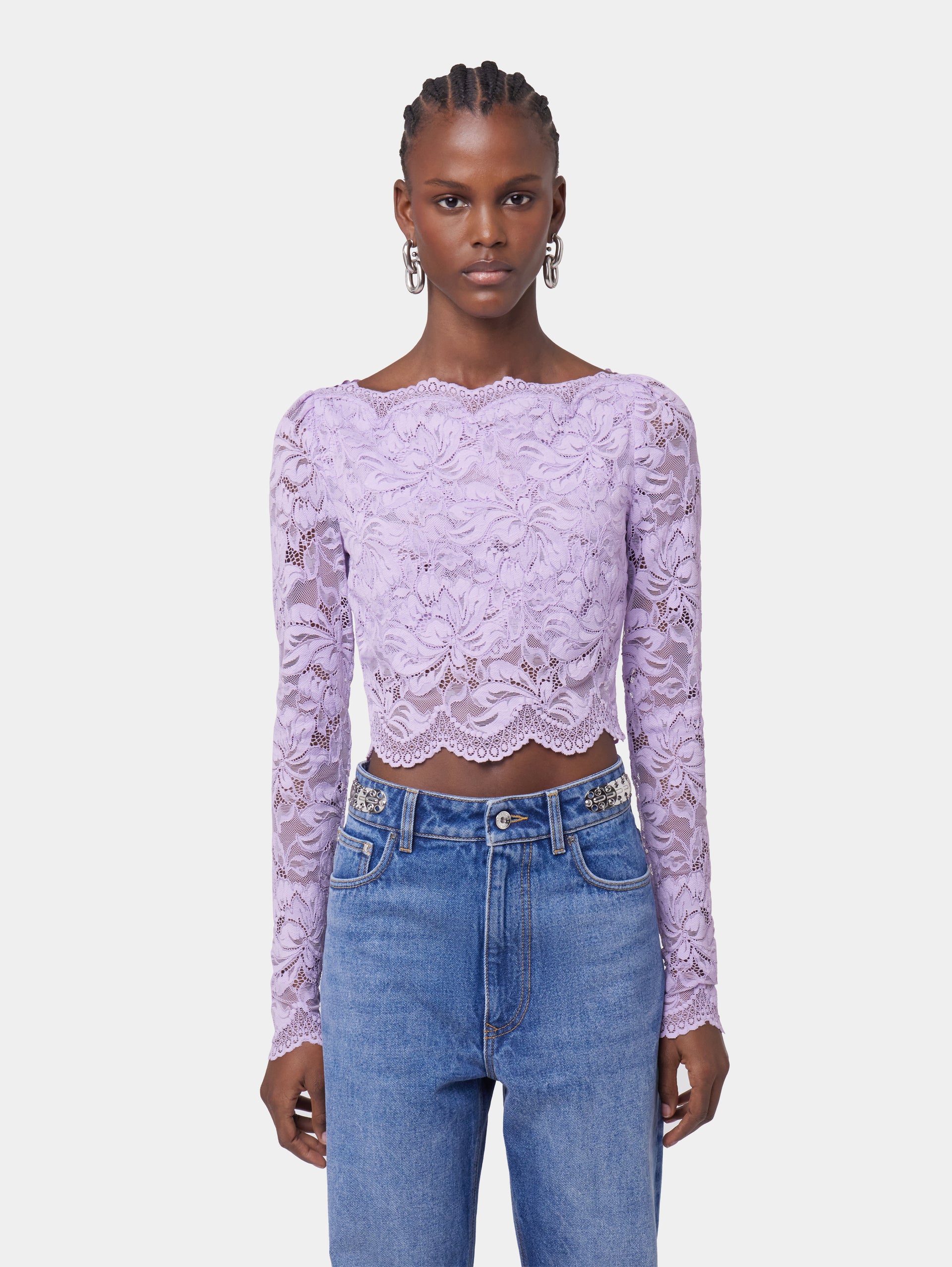 LAVENDER LONG-SLEEVED CROP TOP IN LACE