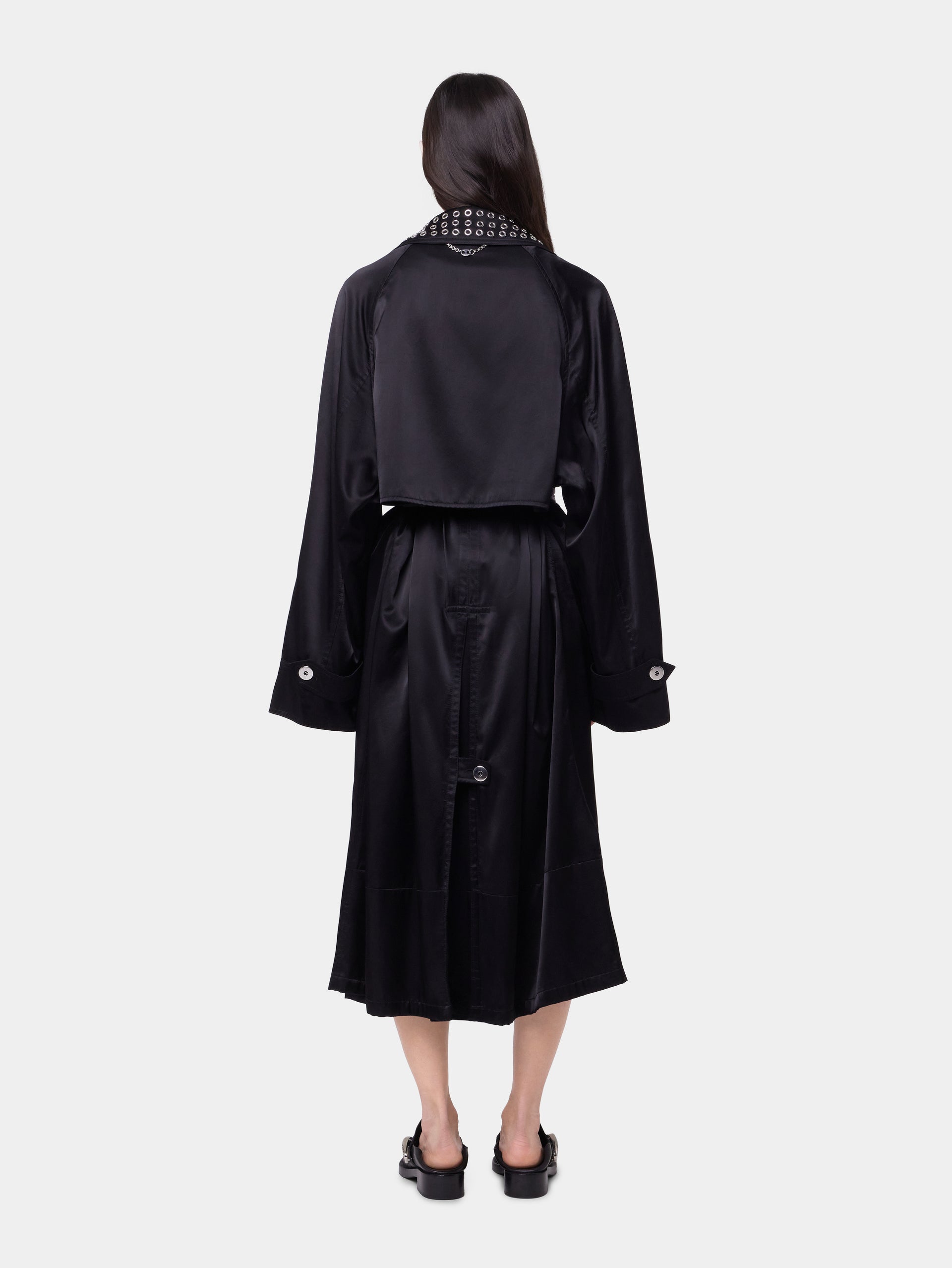 BLACK LONG TRENCH COAT IN SATIN