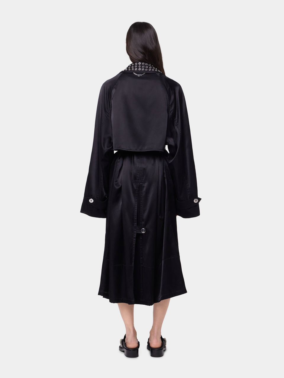 BLACK LONG TRENCH COAT IN SATIN