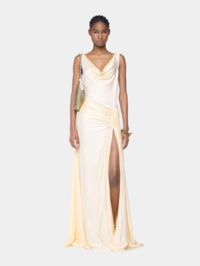 CREAM LONG SLEEVELESS DRESS IN JERSEY