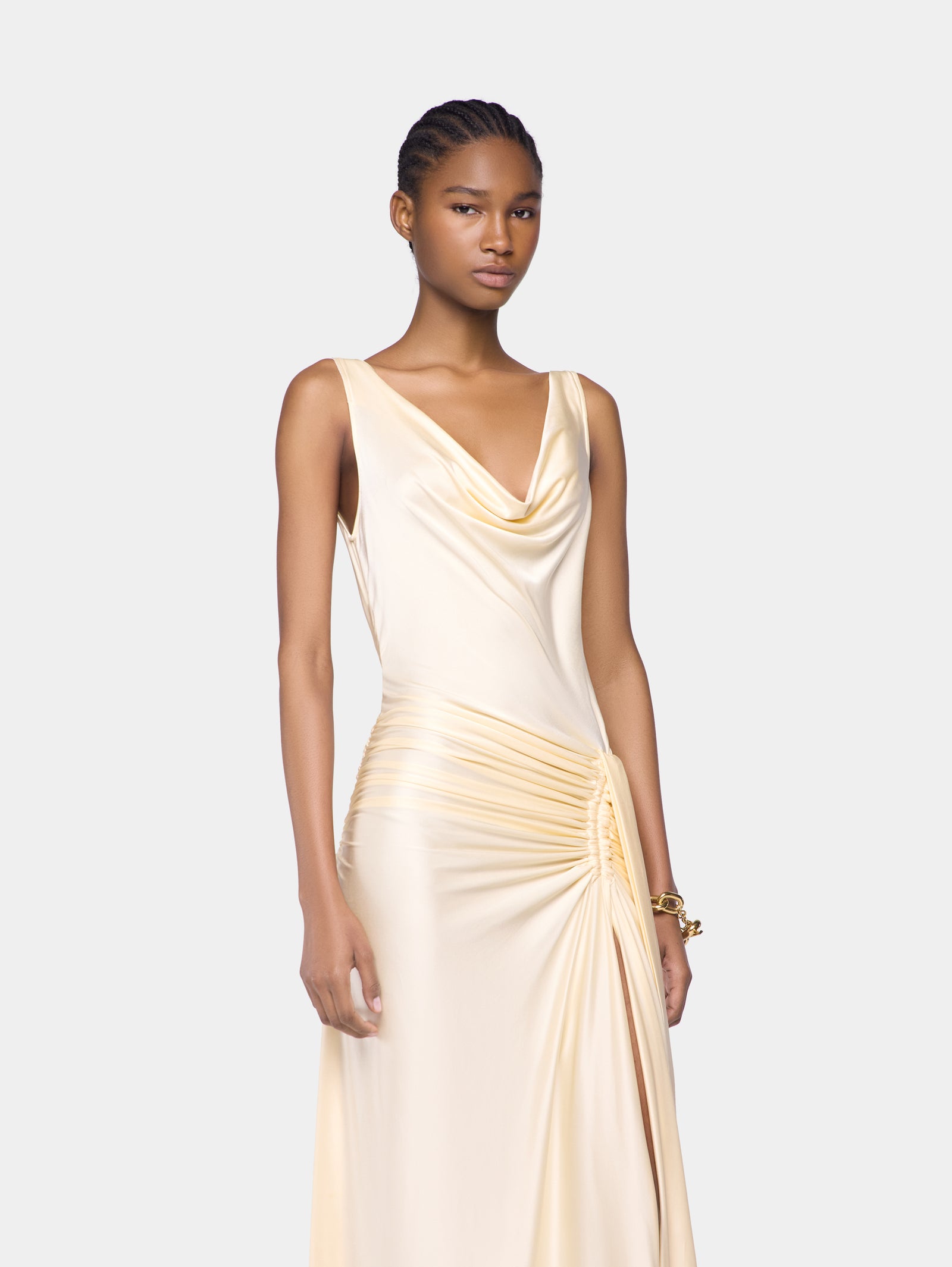 Cream long sleeveless dress in jersey position 2 - Image 2