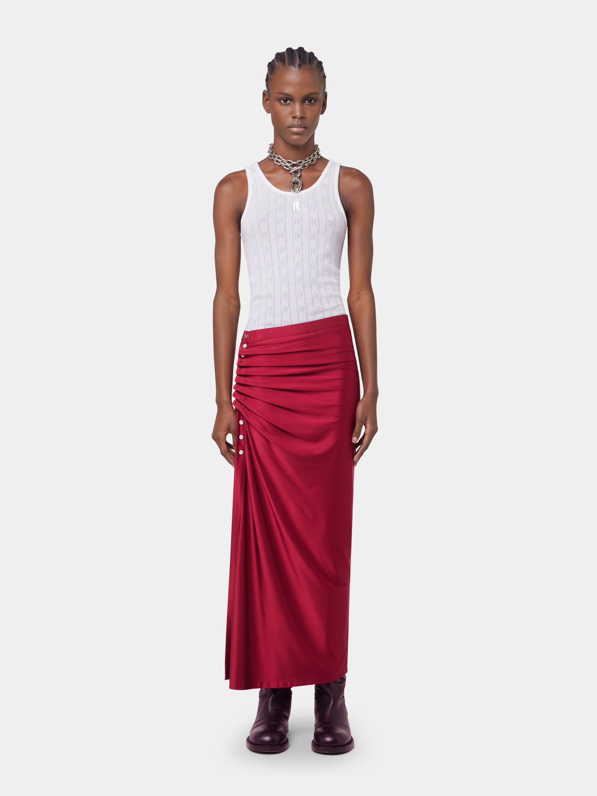 RED LONG DRAPED SKIRT IN JERSEY