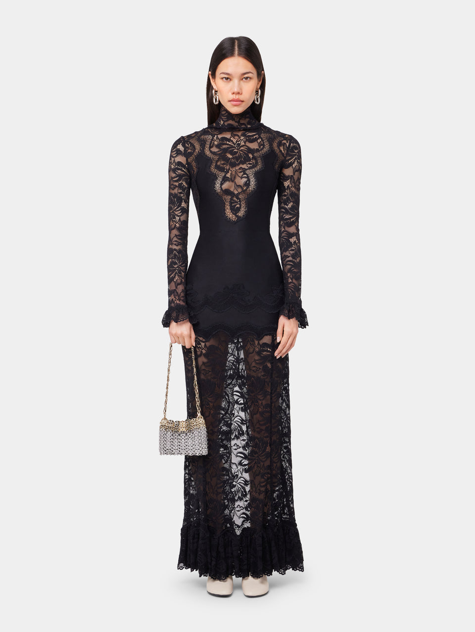 BLACK LONG DRESS IN LACE AND JERSEY