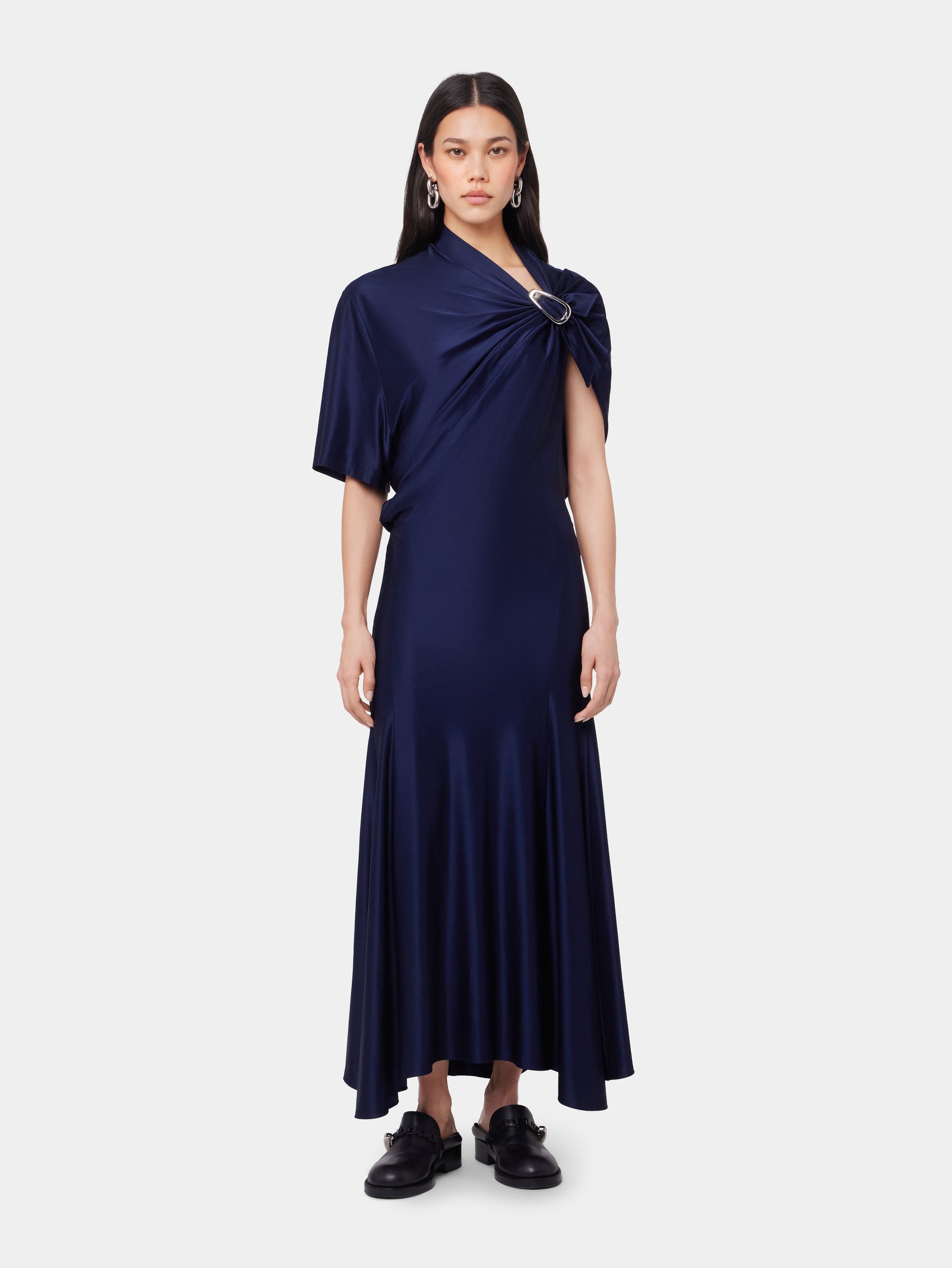 NAVY ASYMMETRICAL LONG DRESS IN JERSEY