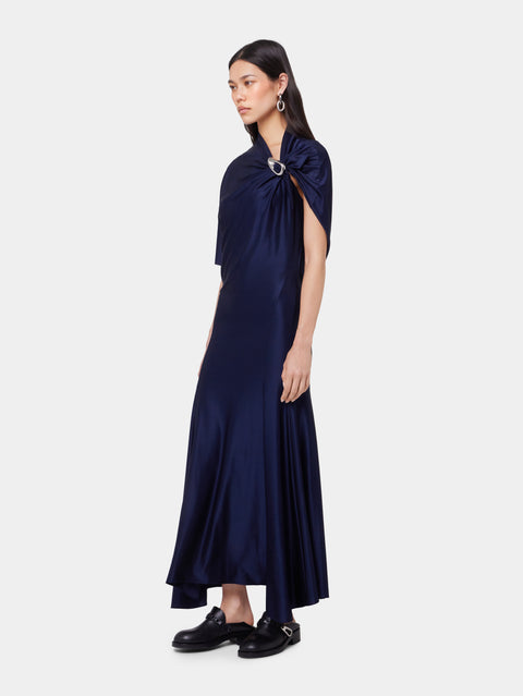 NAVY ASYMMETRICAL LONG DRESS IN JERSEY