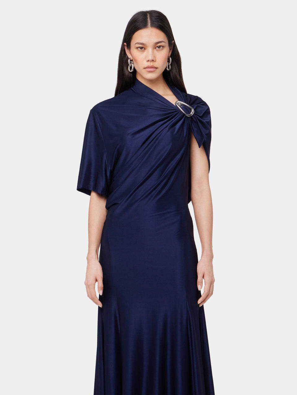 NAVY ASYMMETRICAL LONG DRESS IN JERSEY