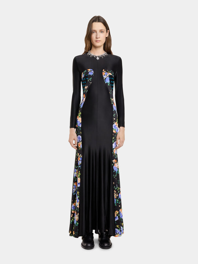 BLACK FLORAL LONG DRESS IN JERSEY