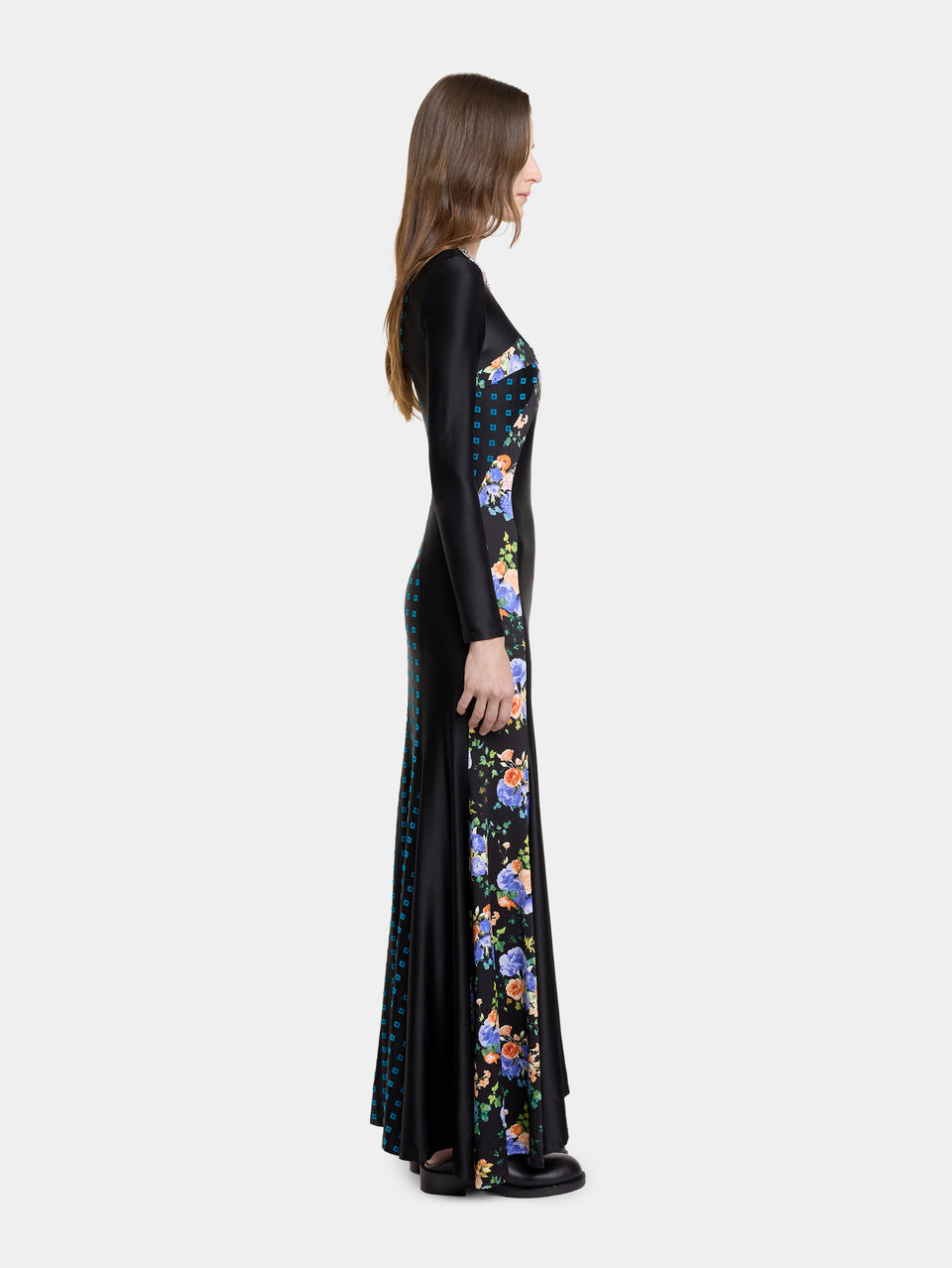 BLACK FLORAL LONG DRESS IN JERSEY