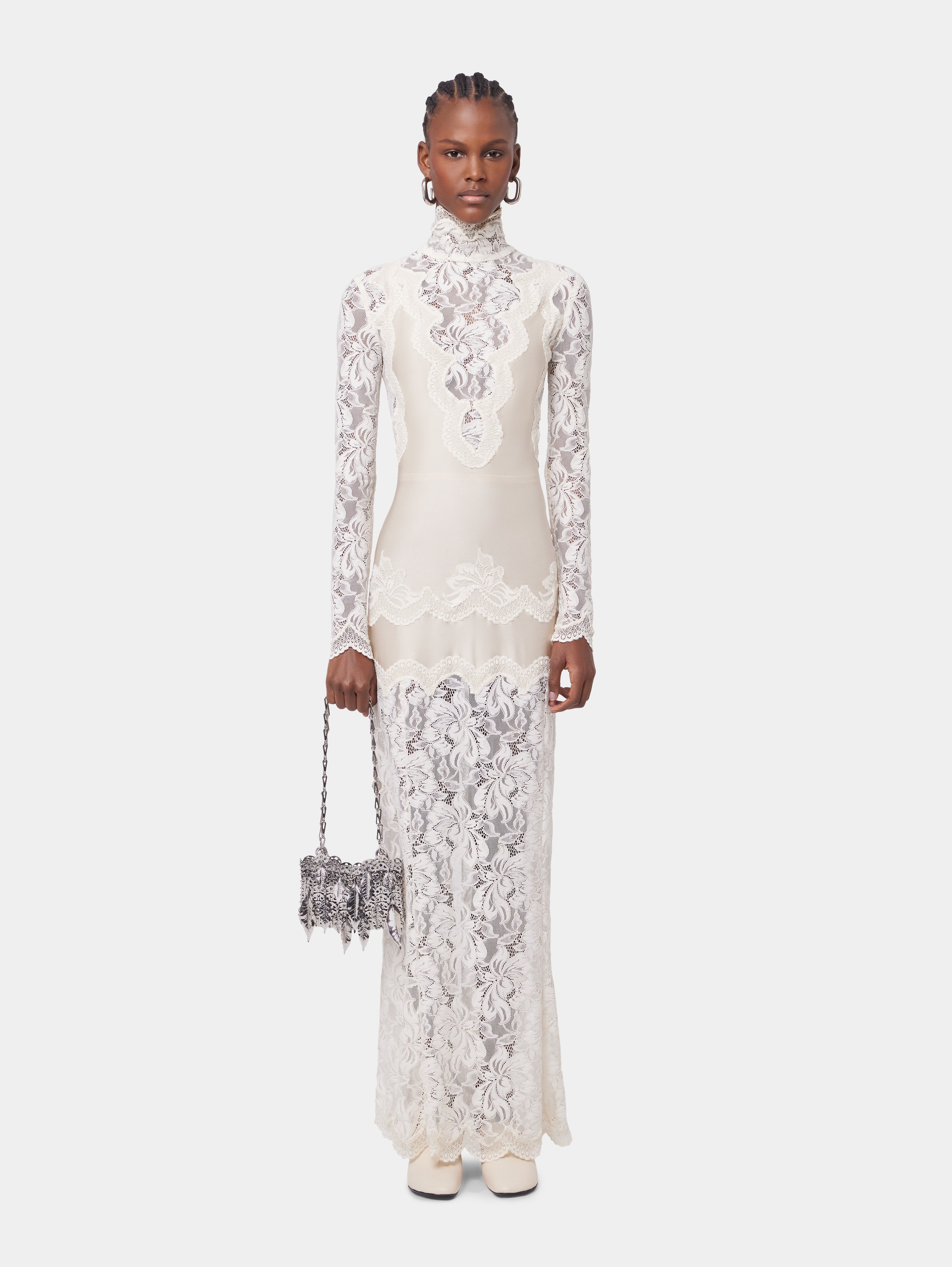 IVORY LONG DRESS IN LACE AND JERSEY | Rabanne