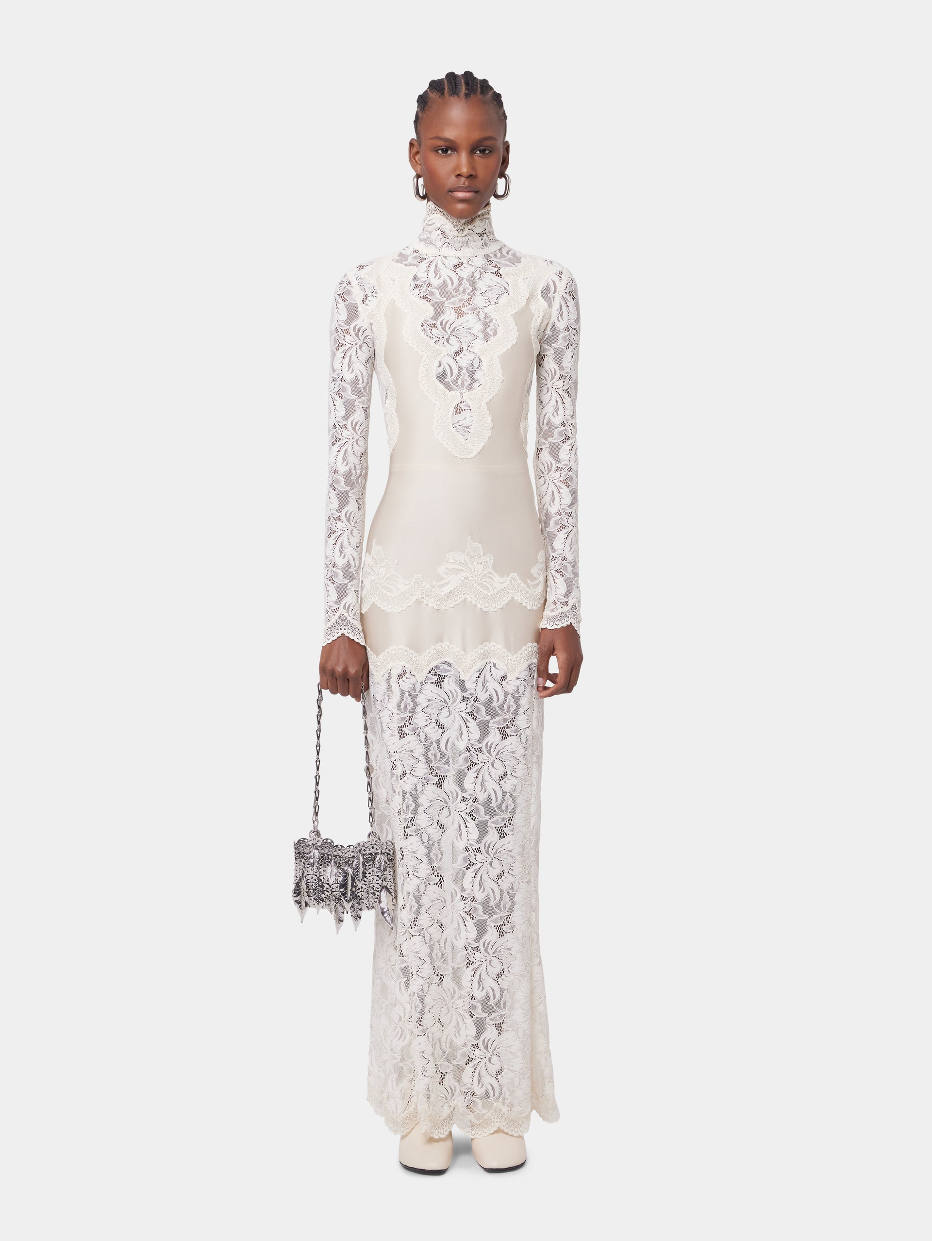 IVORY LONG DRESS IN LACE AND JERSEY