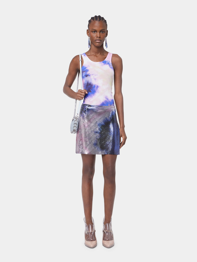 BLUE TIE-DYE MINI SKIRT IN PRINTED MESH