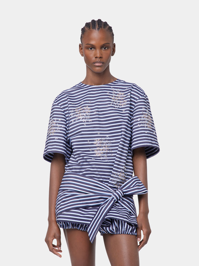 STRIPED WHITE AND BLUE EMBROIDERED TEE-SHIRT IN COTTON POPLIN