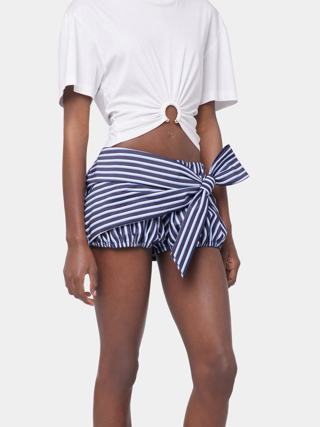 STRIPED WHITE AND BLUE MINI SHORTS IN COTTON POPLIN