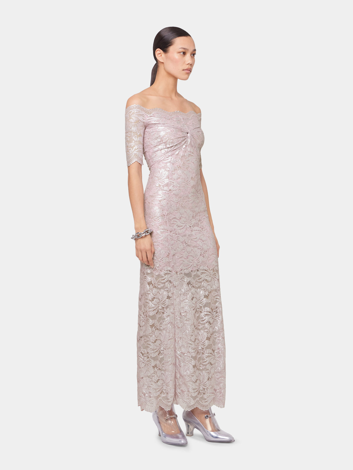 PINK LONG DRESS IN LACE WITH SILVER INDUCTION position 2